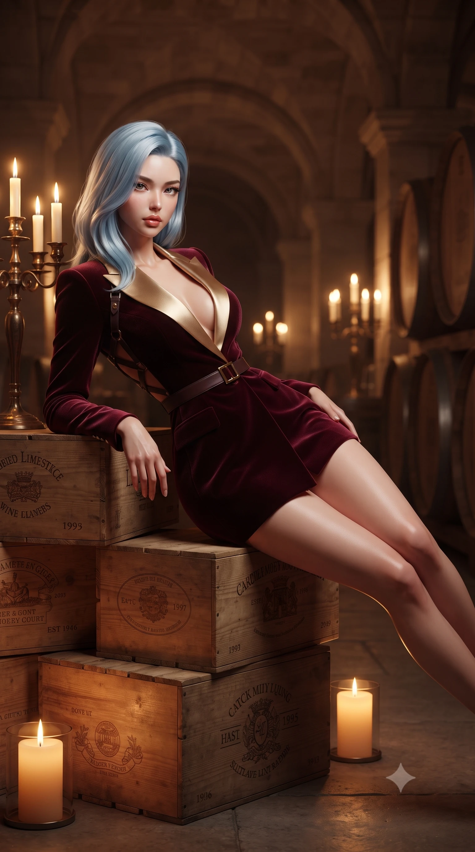 score_9, masterpiece, best quality, ultra-detailed, high-budget anime keyframe, editorial fashion photography, tasteful artistic composition, Korean woman. close-up cowboy shot from the waist and thighs up, the character dominates the composition, filling the frame with her large presence. leaning forward against the polished railing with her hips cocked back, creating an intoxicating curve from her narrow waist to sculpted hips as she gazes back into the lens while reclining languidly atop stacked antique wine crates propped on one elbow, her curvy hips and long slender legs creating a breathtaking line in the candlelit cellar. The composition keeps background elements in soft focus with creamy bokeh. towering carved limestone vaults and heavy oak cask silhouettes softened in atmospheric shallow focus. She has an exceptionally elegant, slender, and willowy female figure with an ultra-slim waist, a gracefully sculpted slender torso, toned flat midriff, and rounded feminine hips creating an alluring hourglass silhouette. sharp v-shaped jawline, high-bridge nose, intricate jewel-like eyes with depth, thick eyelashes, glossy parted lips with a natural sheen, intensely captivating and seductive bedroom-eyes expression, flawlessly proportioned anatomical accuracy, strict slender model proportions, natural body alignment, perfectly sculpted long slender limbs, ultra-slim waistline, clean dynamic posture without body distortion. wearing a tailored velvet tuxedo jacket dress with satin lapels, worn with a deep plunge neckline and gold hip buckle in deep Merlot burgundy and liquid gold, tailored from ultra-smooth duchess satin with a pearlescent wine sheen, featuring an open-back criss-cross harness strap in dark leather, the form-contouring material adhering flawlessly to her sculpted flat midriff and slender torso, emphasizing her long leg lines and perfectly proportioned willowy build. bathed in warm flickering candlelight from antique candelabras and soft amber floor uplights. ultra-reflective glossy finish, specular highlights, rich textural contrasts, high-contrast stereoscopic depth, volumetric dynamic lighting, 2k, ultra detail, master piece, 9:16 ratio