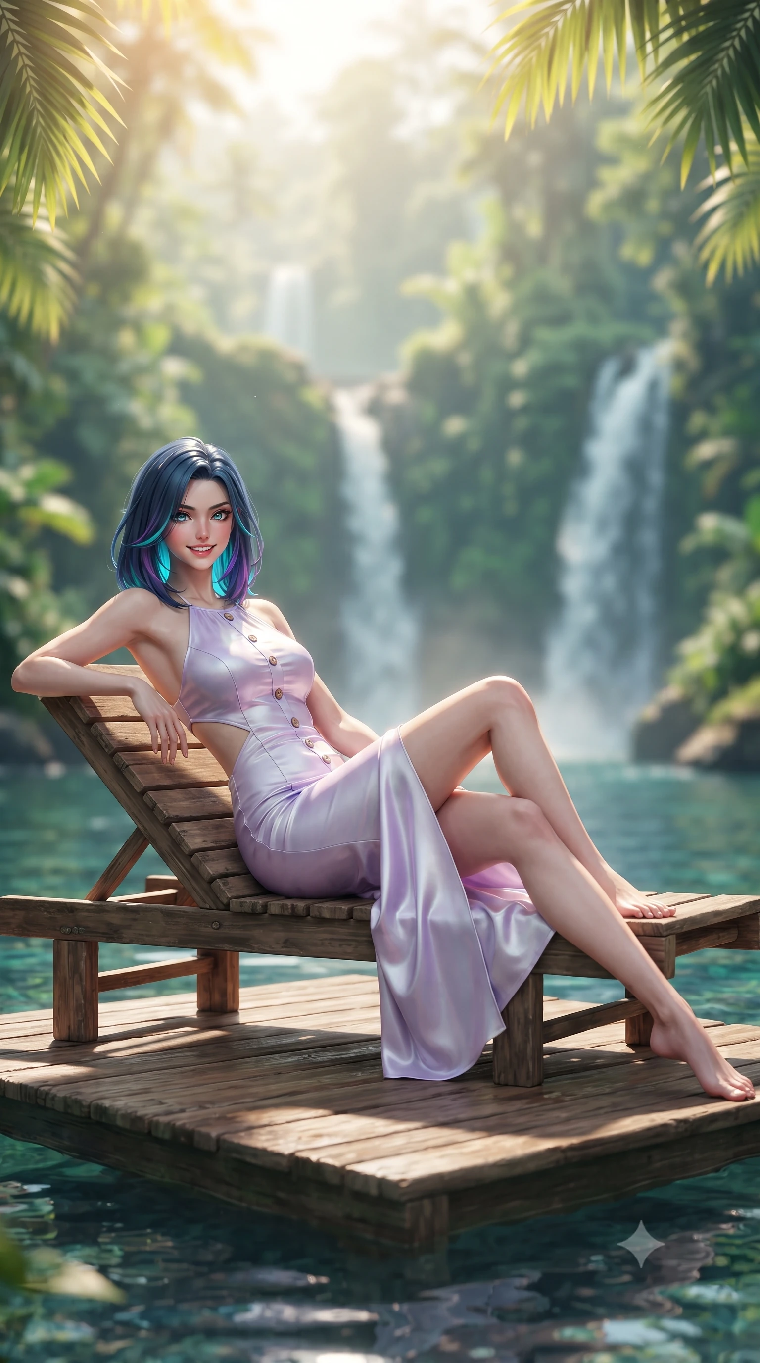 score_9, masterpiece, best quality, ultra-detailed, high-budget anime keyframe, editorial fashion photography, tasteful artistic composition, Caucasian woman. low angle full-body shot from head to toe showing her feet, filling the entire 9:16 vertical frame with her statuesque presence, stretching her vertical silhouette. reclining languidly on her side across the sunbed with one knee drawn up, her radiant smile and arched hip curve commanding the 9:16 vertical frame with youthful sensual charisma while kneeling gracefully on a floating wooden platform surrounded by water, her athletic slender curves and curvy hips creating a breathtaking line. The composition keeps background elements in soft focus with dreamy creamy bokeh. towering tropical rainforest canopies and cascading valley waterfalls blurred into vivid lime, jade, and jungle-gold bokeh. She has an exceptionally tall and slender model-like 8.5-heads proportion, an ultra-slim waist, a flat toned midriff, narrow delicate ribcage, and beautifully sculpted feminine hips creating a graceful, slim hourglass silhouette without any bulky heaviness, with impossibly long slender legs. sharp v-shaped jawline, high-bridge nose, intricate jewel-like sparkling eyes with depth, thick eyelashes, glossy parted lips with a natural peach sheen, bright cheerful beaming smile with an enchanting and coquettish sensual glint, exuding both youthful cute charm and seductive allure, flawlessly proportioned anatomical accuracy, strict slender model proportions, natural body alignment, perfectly sculpted long slender limbs, ultra-slim waistline, clean dynamic posture without body distortion. wearing a backless pastel halter sundress with side-waist diamond cutouts and an ultra-fitted hip-hugging silhouette in delicate lavender violet and pearlescent white, made of smooth fluid silk satin with a delicate pearlescent sheen, finished with neat front wooden buttons and delicate pocket details, the liquid-tight tailored fabric clinging flawlessly to her narrow waist and rounded feminine hips, emphasizing every millimeter of her sculpted slim hourglass curves without any bulky heaviness. bathed in warm tropical golden morning sunlight filtering through jungle canopy foliage. ultra-reflective glossy finish, specular highlights, rich textural contrasts, high-contrast stereoscopic depth, volumetric dynamic lighting, 2k, ultra detail, master piece, 9:16 ratio