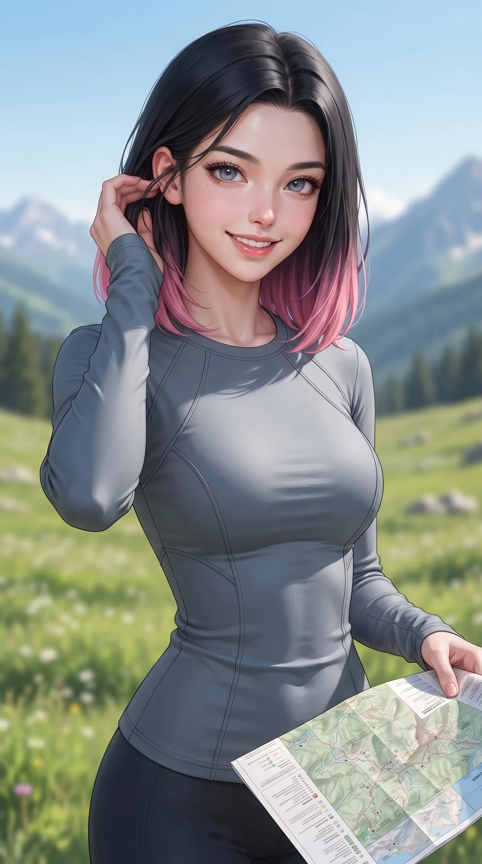 score_9, masterpiece, best quality, ultra-detailed, high-budget anime keyframe, editorial fashion photography, tasteful artistic composition, Korean woman. close-up cowboy shot from the waist and thighs up, the character dominates the composition, filling the frame with her large presence, background elements kept in soft focus. smiling cutely while gently brushing a strand of hair behind her ear set against a soft-focus background of on a wide grassy meadow high up on a mountain plateau under a blue sky holding a map of the mountain trails, looking at the camera. She has an exceptionally elegant, slender, and willowy female figure with an ultra-slim waist, a gracefully sculpted slender torso, and a refined silhouette. sharp v-shaped jawline, high-bridge nose, intricate jewel-like eyes with depth, thick eyelashes, glossy lips with a natural sheen. wearing form-contouring form-fitting activewear top in slate grey, outlining her slender torso. soft diffused daylight creating a clean, high-key panoramic glow. ultra-reflective glossy finish, specular highlights, metallic sheen, high-contrast stereoscopic depth, volumetric dynamic lighting, 2k, ultra detail, master piece, 9:16 ratio