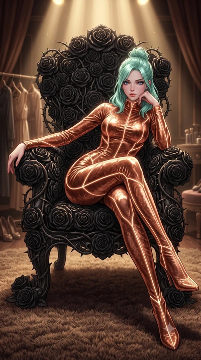 score_9, masterpiece, best quality, ultra-detailed, High-budget Anime Keyframe, East Asian woman. Dynamic full-body shot stretching the vertical silhouette to the limit. Scenario 480: resting on a throne of black roses, thorns grazing her skin, in a 