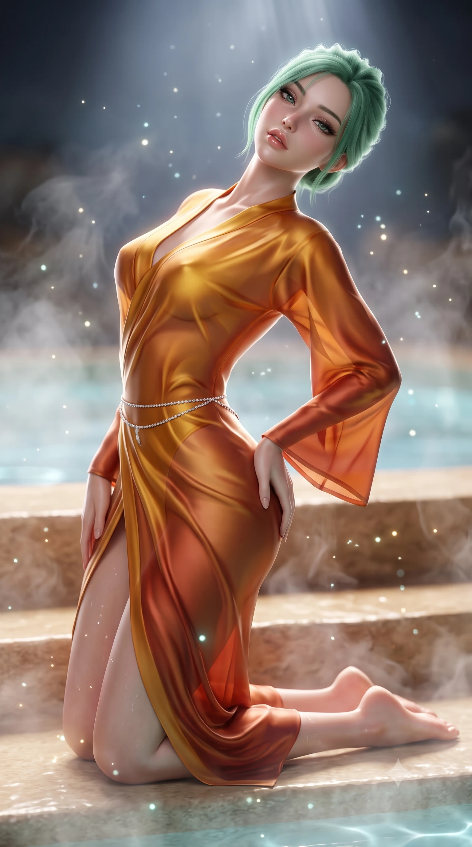 score_9, masterpiece, best quality, ultra-detailed, high-budget anime keyframe, semi-realistic 3D game render, editorial fashion photography, tasteful artistic composition, Japanese woman. close-up cowboy shot from the waist and thighs up, the character dominates the composition, filling the frame with her large presence. arching her spine backward with effortless dancer poise, one hand sliding along her hip line as directional light carves specular highlights along her silhouette while kneeling gracefully on the warm silica stone pool step with one hand on her hip, thermal steam rising to frame her feminine silhouette. The composition keeps background elements in soft focus with creamy bokeh. shimmering silica water caustics and drifting steam particles scattering ethereal glowing light motes. She has an exceptionally elegant, slender, and willowy female figure with an ultra-slim waist, flat toned midriff, narrow ribcage, and sculpted feminine hips creating an alluring, slim hourglass silhouette without bulk. sharp v-shaped jawline, high-bridge nose, intricate jewel-like eyes with depth, thick eyelashes, glossy parted lips with a natural sheen, intensely captivating and seductive bedroom-eyes expression, flawlessly proportioned anatomical accuracy, strict slender model proportions, natural body alignment, perfectly sculpted long slender limbs, ultra-slim waistline, clean dynamic posture without body distortion. wearing a delicate semi-translucent silk yukata that clings to her wet skin and curvy hip contours in molten desert gold and burnt terracotta, tailored from liquid silk jersey adhering flawlessly to her slender build, accented with a dainty diamond waist chain catching the ambient light reflections, the glove-like aerodynamic silhouette tightly following the natural contour of her hips and long slender legs with statuesque 8.5-heads elegance. bathed in soft underwater milky-cyan LED lagoon illumination and cool silver full-moon light from above. highly saturated vibrant anime colors, detailed shading with soft gradients, rich glossy textures, high-contrast stereoscopic depth, volumetric dynamic lighting, master piece, 9:16 ratio