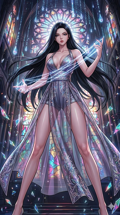 score_9, masterpiece, best quality, ultra-detailed, high-budget anime movie keyframe, cinematic anime lighting, intricate line art, Japanese anime girl. Low angle cowboy shot filling the entire 9:16 frame with her statuesque presence. weaving threads