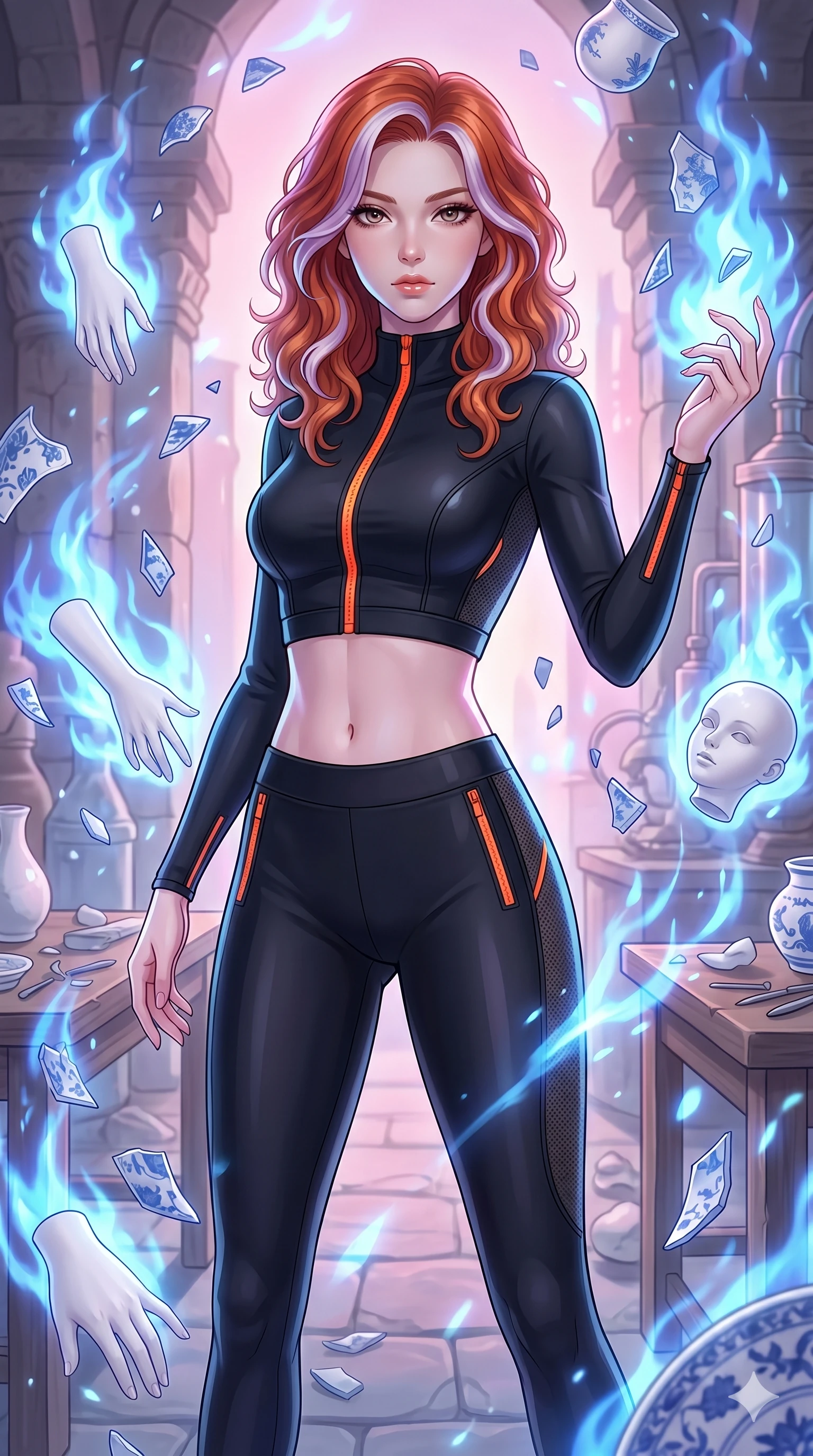 score_9, masterpiece, best quality, ultra-detailed, high-budget anime keyframe, Caucasian woman, strictly human ears. upper body close-up from the thighs up, character filling the screen for maximum presence. assisting in an alchemical porcelain workshop where floating white bisque doll parts and blue porcelain shards swirl amidst blue alchemical flames. She has an absolutely perfect 8-heads proportion, an exceptionally tall and slender female figure with impossibly long slender legs and an ultra-slim waist. V-shaped jawline, high-bridge nose, intricate jewel-like eyes with depth, thick eyelashes, glossy lips with a natural sheen.. wearing a second-skin neoprene cyber-athleisure set, featuring a tight crop top and leggings with fluorescent orange zipper accents and side slash panels. enhanced by a luminous pastel spectrum glow, casting elegant rim lights on her shoulders and jawline. 2k, ultra detail, master piece, 9:16 ratio