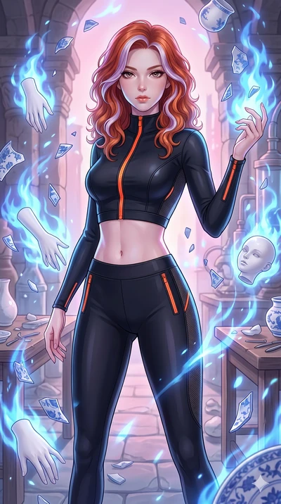 score_9, masterpiece, best quality, ultra-detailed, high-budget anime keyframe, Caucasian woman, strictly human ears. upper body close-up from the thighs up, character filling the screen for maximum presence. assisting in an alchemical porcelain work
