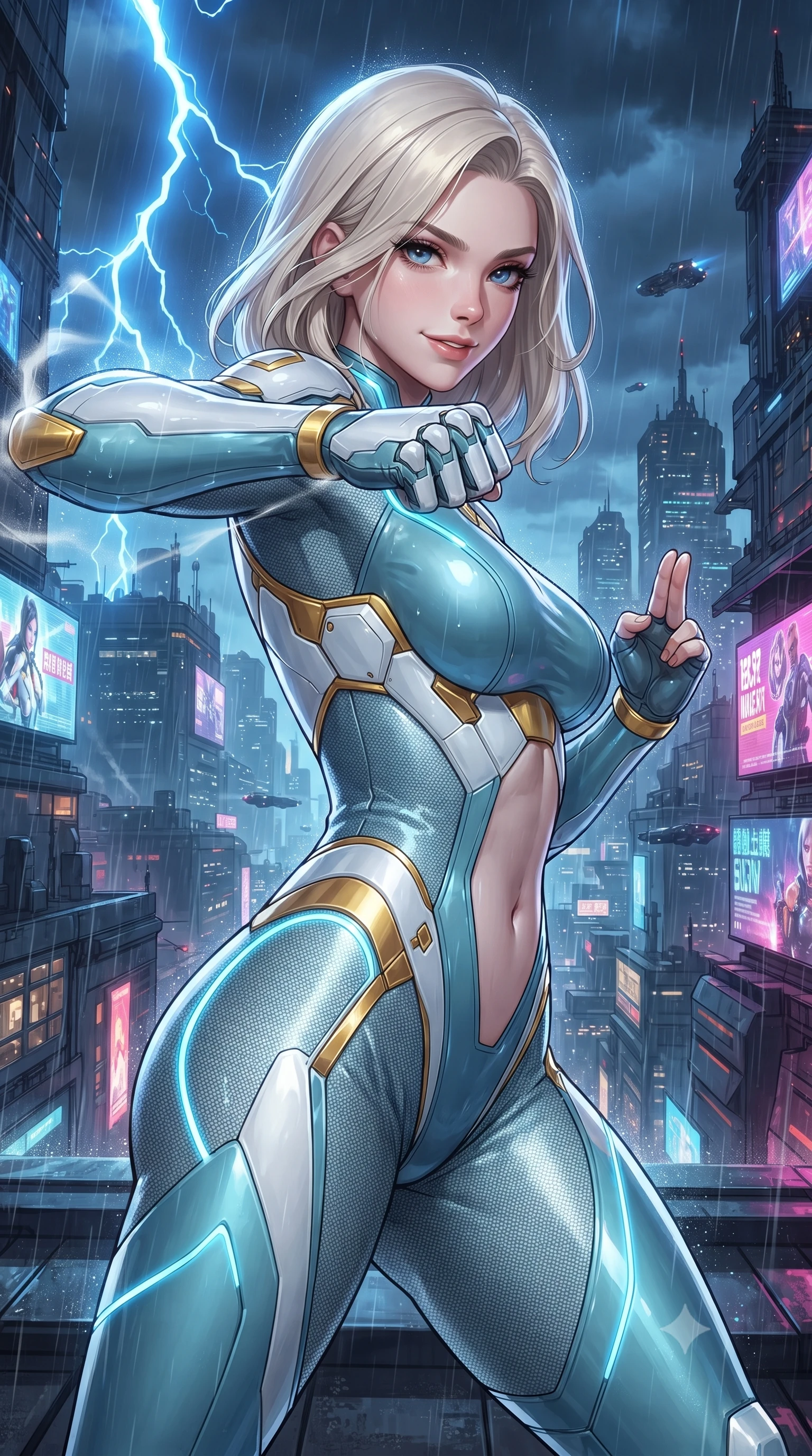 score_9, masterpiece, best quality, ultra-detailed, high-budget anime keyframe, editorial fashion photography, tasteful artistic composition, Caucasian woman. close-up cowboy shot from the waist and thighs up, the character dominates the composition, filling the frame with her large presence. resting one hand in a defensive deflective posture while glancing over her shoulder with thick eyelashes and a confident, smoldering combat half-smile while delivering a lightning-fast kinetic punch on a rain-swept skyscraper rooftop, generating a visible conical air-distortion shockwave. The surrounding environment is rendered in vivid detail and crisp panoramic clarity. high-contrast storm chiaroscuro and atmospheric cyberpunk urban textures captured with precision. She has an exceptionally elegant, slender, and willowy female figure with an ultra-slim waist, a gracefully sculpted slender torso, toned flat midriff, and a refined slim silhouette. sharp v-shaped jawline, high-bridge nose, intricate jewel-like eyes with depth, thick eyelashes, glossy lips with a natural sheen, flawlessly proportioned anatomical accuracy, strict slender model proportions, natural body alignment, perfectly sculpted long slender limbs, ultra-slim waistline, clean dynamic posture without body distortion. wearing an ultra-sleek glacial-cyan and white carbon-mesh combat bodysuit with frost-resistant kinetic shock-absorber plating in arctic white carbon composite with radiant solar gold plating, crafted from ultra-strong woven carbon-fiber composite with a satin luster, accented with glowing fiber-optic conduits tracing her collarbones and hip curves, the precision-cut daring openings accentuating her delicate midriff, graceful bare collarbones, and ultra-slim feminine waistline. bathed in dramatic blue lightning flashes and vibrant neon city ambient reflections. ultra-reflective glossy finish, specular highlights, dark metallic sheen, high-contrast stereoscopic depth, volumetric dynamic lighting, 2k, ultra detail, master piece, 9:16 ratio