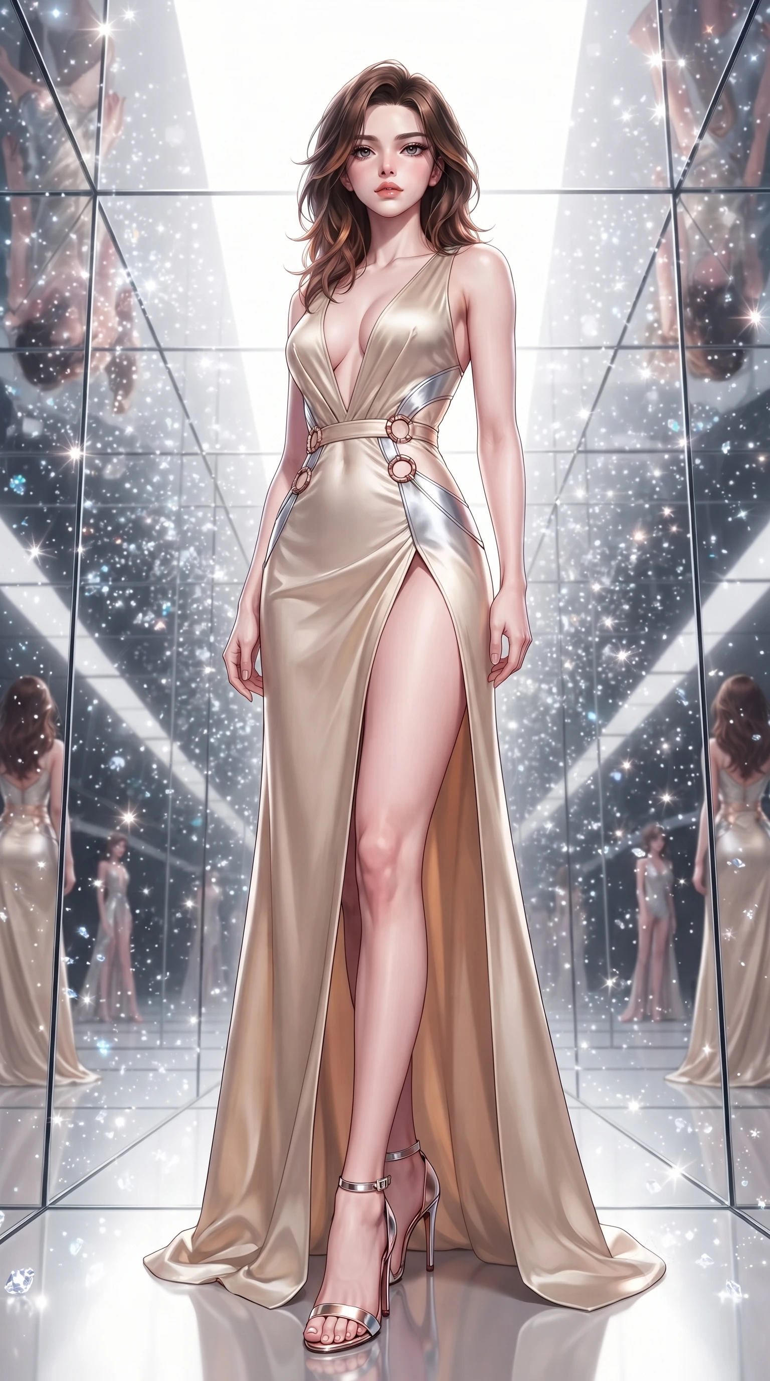 score_9, masterpiece, best quality, ultra-detailed, high-budget anime keyframe, editorial fashion photography, tasteful artistic composition, Korean woman. low angle full-body shot from head to toe showing her feet, filling the entire 9:16 vertical frame with her statuesque presence, stretching her vertical silhouette. forging confidently through the floating crystal mist, holding a poised statuesque stance, resting amidst a storm of suspended diamond dust glitter, infinite mirror reflections stretching into bright white glass space. She has an absolutely perfect, statuesque 8.5-heads proportion, an exceptionally tall and slender model-like female figure with impossibly long slender legs and an ultra-slim waist. sharp v-shaped jawline, high-bridge nose, intricate jewel-like eyes with depth, thick eyelashes, glossy lips with a natural sheen. wearing deep plunging V-neckline champagne silk gown with daring high thigh slit in metallic silver, made of polished ivory leather, trimmed with rose-gold ring hardware along the waist contours, accentuating her gracefully sculpted slender torso. surrounded by a sparkling diamond dust rim light aura. highly saturated vibrant anime colors, detailed shading with soft gradients, rich glossy textures, high-contrast stereoscopic depth, volumetric dynamic lighting, master piece, 9:16 ratio