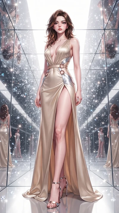 score_9, masterpiece, best quality, ultra-detailed, high-budget anime keyframe, editorial fashion photography, tasteful artistic composition, Korean woman. low angle full-body shot from head to toe showing her feet, filling the entire 9:16 vertical f