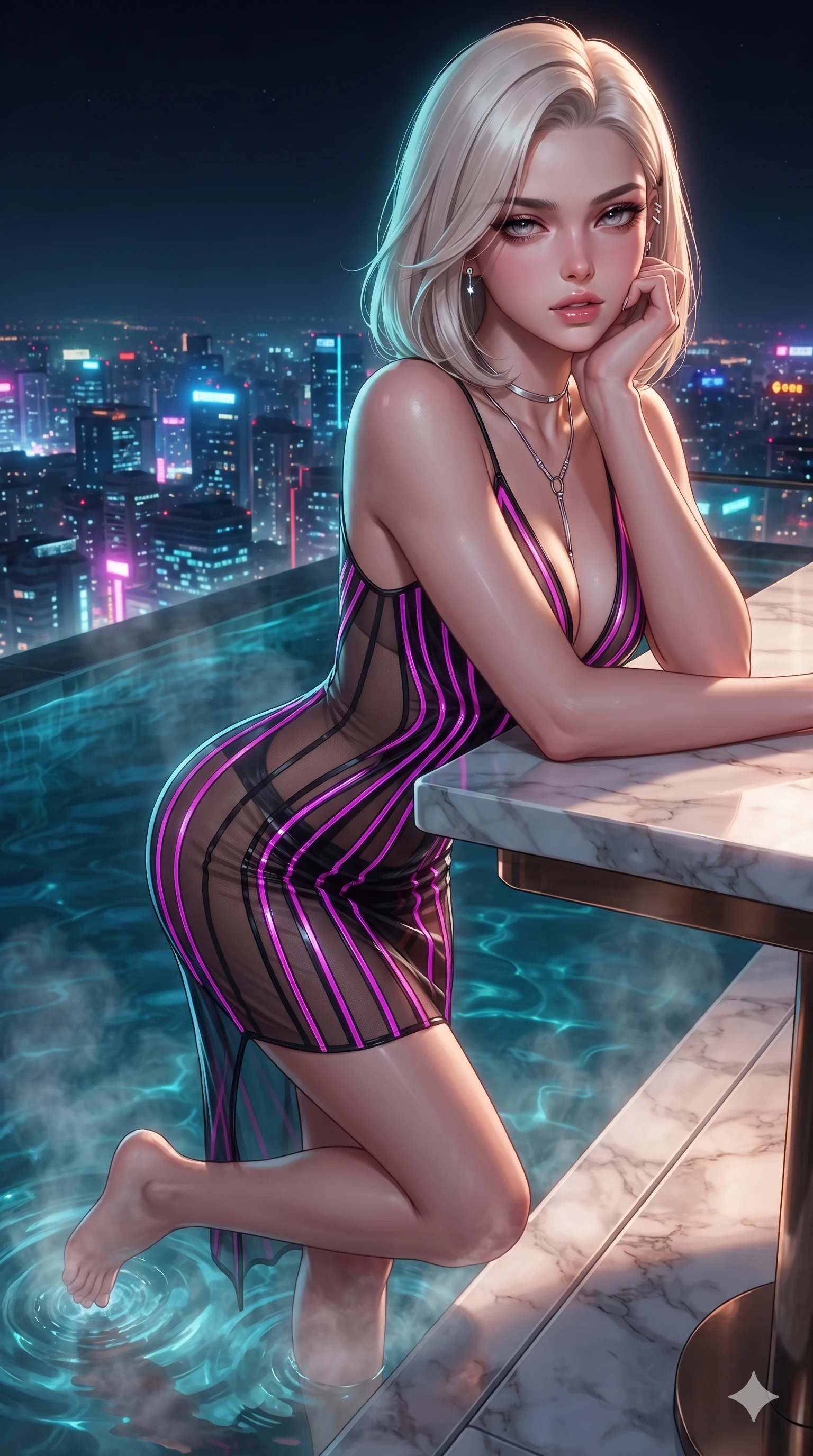 score_9, masterpiece, best quality, ultra-detailed, high-budget anime keyframe, editorial fashion photography, tasteful artistic composition, Caucasian woman. close-up cowboy shot from the waist and thighs up, the character dominates the composition, filling the frame with her large presence. resting one elbow on the table and supporting her chin, leaning close to the camera with heavy-lidded sparkling eyes and parted lips while standing poised ankle-deep in the steaming mineral water at the pool's edge, arching her lower back with sovereign supermodel grace overlooking the neon metropolis. The surrounding environment is rendered in vivid detail and crisp panoramic clarity: detailed wet-look silk wrap tailoring, fine mesh accents, and architectural rooftop infinity pool design in razor-sharp clarity. She has an exceptionally elegant, slender, and willowy female figure with an ultra-slim waist, flat toned midriff, narrow ribcage, and sculpted feminine hips creating an alluring, slim hourglass silhouette without bulk. sharp v-shaped jawline, high-bridge nose, intricate jewel-like sparkling eyes with depth, thick eyelashes, glossy parted lips with a natural sheen, intensely captivating and seductive bedroom-eyes expression, exuding both youthful cute charm and sovereign luxury allure, flawlessly proportioned anatomical accuracy, strict slender model proportions, natural body alignment, perfectly sculpted long slender limbs, ultra-slim waistline, clean dynamic posture without body distortion. wearing a plunge-front sheer illusion tulle slip dress with liquid platinum ribbon stripes hugging her curves in black lacquer and vibrant magenta neon, featuring strategic sheer-illusion tulle side panels framing her ribcage and hips, accented with a chrome-drop body harness subtly framing her dewy collarbones and spine, the form-contouring cut accentuating her sculpted flat midriff, narrow delicate ribcage, and gracefully curvy hips with intoxicating allure. illuminated by water surface ripple reflections and sharp turquoise-amber rim lights carving her sculpted collarbones, ultra-slim waist, and curvy hips. ultra-reflective glossy finish, specular highlights, rich textural contrasts, high-contrast stereoscopic depth, volumetric dynamic lighting, 2k, ultra detail, master piece, 9:16 ratio