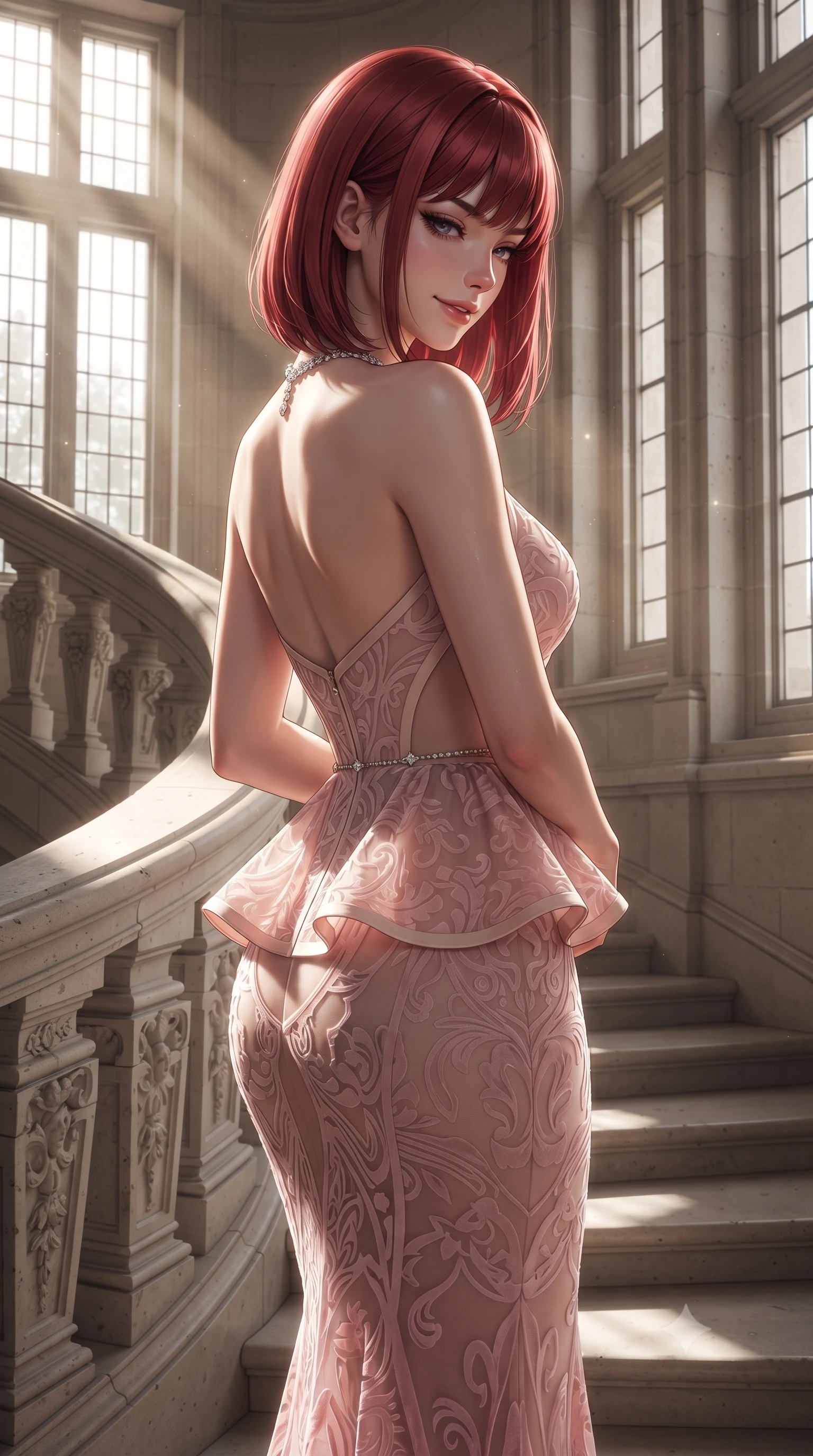 score_9, masterpiece, best quality, ultra-detailed, high-budget anime keyframe, editorial fashion photography, tasteful artistic composition, Caucasian woman. close-up cowboy shot from the waist and thighs up, the character dominates the composition, filling the frame with her large presence. turning over a bare shoulder with an intoxicating, teasing smile, her soft hair framing her sharp jawline as her hips angle gracefully while pausing on the helical stone stair landing against the carved Renaissance balustrade with hips cocked, looking down with a teasing, aristocratic smile. The surrounding environment is rendered in vivid detail and crisp panoramic clarity. detailed heavy velvet gown texture, diamond necklace sparkle, and Chambord architectural clarity in high resolution. She has an exceptionally elegant, slender, and willowy female figure with an ultra-slim waist, flat toned midriff, narrow ribcage, and sculpted feminine hips creating an alluring, slim hourglass silhouette without bulk. sharp v-shaped jawline, high-bridge nose, intricate jewel-like eyes with depth, thick eyelashes, glossy parted lips with a natural sheen, intensely captivating and seductive bedroom-eyes expression, flawlessly proportioned anatomical accuracy, strict slender model proportions, natural body alignment, perfectly sculpted long slender limbs, ultra-slim waistline, clean dynamic posture without body distortion. wearing a structural geometric peplum gown with sheer side-ribbon cutouts and form-fitting skirt in sakura blossom pink and warm ivory, made of sheer contouring power-mesh with velvet flocking patterns, accented with a dainty diamond waist chain catching the ambient light reflections, the precision-cut side openings and low-back scoop framing her graceful spine and the sensual sweep of her slim, toned hips. bathed in dramatic directional shafts of sunlight cutting through monumental stone mullioned windows. ultra-reflective glossy finish, specular highlights, rich textural contrasts, high-contrast stereoscopic depth, volumetric dynamic lighting, 2k, ultra detail, master piece, 9:16 ratio