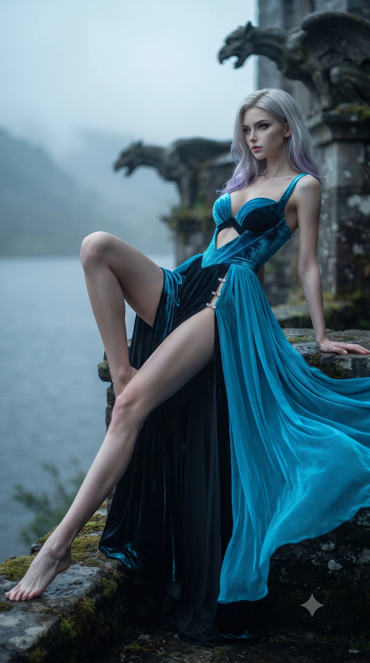 score_9, masterpiece, best quality, ultra-detailed, high-budget anime keyframe, editorial fashion photography, tasteful artistic composition, Caucasian woman. low angle full-body shot from head to toe showing her feet, filling the entire 9:16 vertical frame with her statuesque presence, stretching her vertical silhouette. reclining on her side in an elegant Cleopatra pose with one knee drawn up, the dramatic contour of her rounded hips and long slender legs commanding the 9:16 vertical frame while turning in an alluring contrapposto stance as her sweeping heavy fabric catches the highland breeze, gazing out over the mist-shrouded waters. The composition keeps background elements in soft focus with creamy bokeh. weathered castle gargoyles and swirling rain mist softened in cinematic atmospheric shallow focus. She has an exceptionally tall and slender model-like 8.5-heads proportion, an ultra-slim waist, a flat toned midriff, narrow delicate ribcage, and beautifully sculpted feminine hips creating a graceful, slim hourglass silhouette without any bulky heaviness, with impossibly long slender legs. sharp v-shaped jawline, high-bridge nose, intricate jewel-like eyes with depth, thick eyelashes, glossy parted lips with a natural sheen, intensely captivating and seductive bedroom-eyes expression, flawlessly proportioned anatomical accuracy, strict slender model proportions, natural body alignment, perfectly sculpted long slender limbs, ultra-slim waistline, clean dynamic posture without body distortion. wearing a deep sweetheart neckline crushed velvet corseted ballgown with an exposed midriff cutout in neon electric cyan and lacquer black, woven from layered gossamer chiffon with a weightless sweeping drape, finished with an ultra-high side slit secured by miniature jeweled clasps, the liquid-tight tailored fabric clinging flawlessly to her narrow waist and rounded feminine hips, emphasizing every millimeter of her sculpted slim hourglass curves without any bulky heaviness. illuminated by cool misty ambient loch light softly contouring her razor-sharp jawline, narrow waist, and curvy hips. ultra-reflective glossy finish, specular highlights, rich textural contrasts, high-contrast stereoscopic depth, volumetric dynamic lighting, 2k, ultra detail, master piece, 9:16 ratio