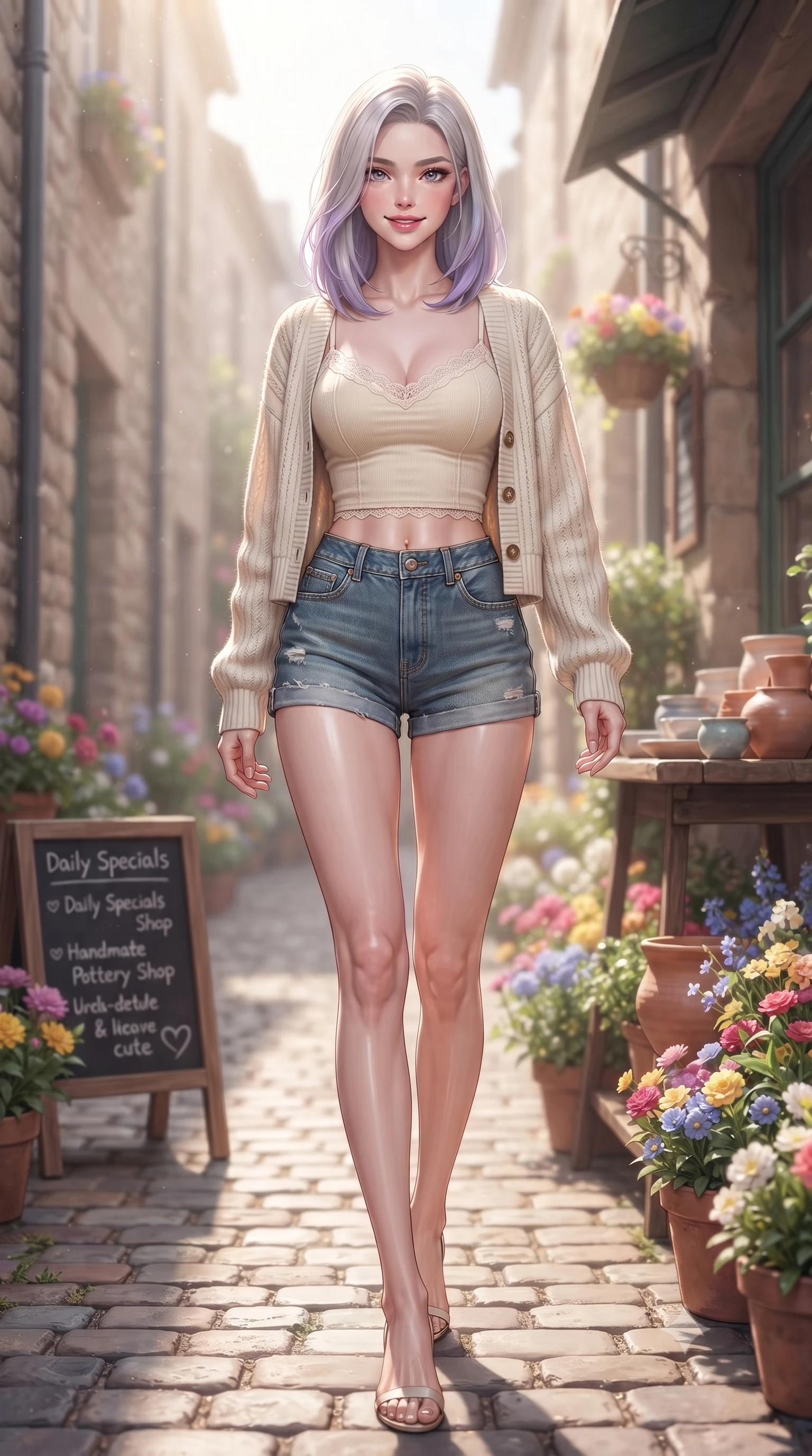 score_9, masterpiece, best quality, ultra-detailed, high-budget anime keyframe, editorial fashion photography, tasteful artistic composition, Caucasian woman. low angle full-body shot from head to toe showing her feet, filling the entire 9:16 vertical frame with her statuesque presence, stretching her vertical silhouette. stepping forward with an alluring, magnetic smile, her graceful posture highlighting her statuesque silhouette set against a soft-focus background of in a narrow cobblestone alley next to a cozy handmade pottery shop with a small chalkboard sign showing daily specials written in cute lettering. She has an absolutely perfect, statuesque 8.5-heads proportion, an exceptionally tall and slender model-like female figure with impossibly long slender legs and an ultra-slim waist. sharp v-shaped jawline, high-bridge nose, intricate jewel-like eyes with depth, thick eyelashes, glossy lips with a natural sheen. wearing body-hugging delicate lace-trim crop top in cream, worn under an open preppy cardigan and denim shorts. soft morning sunbeams highlighting the colorful flowers and her face. ultra-reflective glossy finish, specular highlights, metallic sheen, high-contrast stereoscopic depth, volumetric dynamic lighting, 2k, ultra detail, master piece, 9:16 ratio