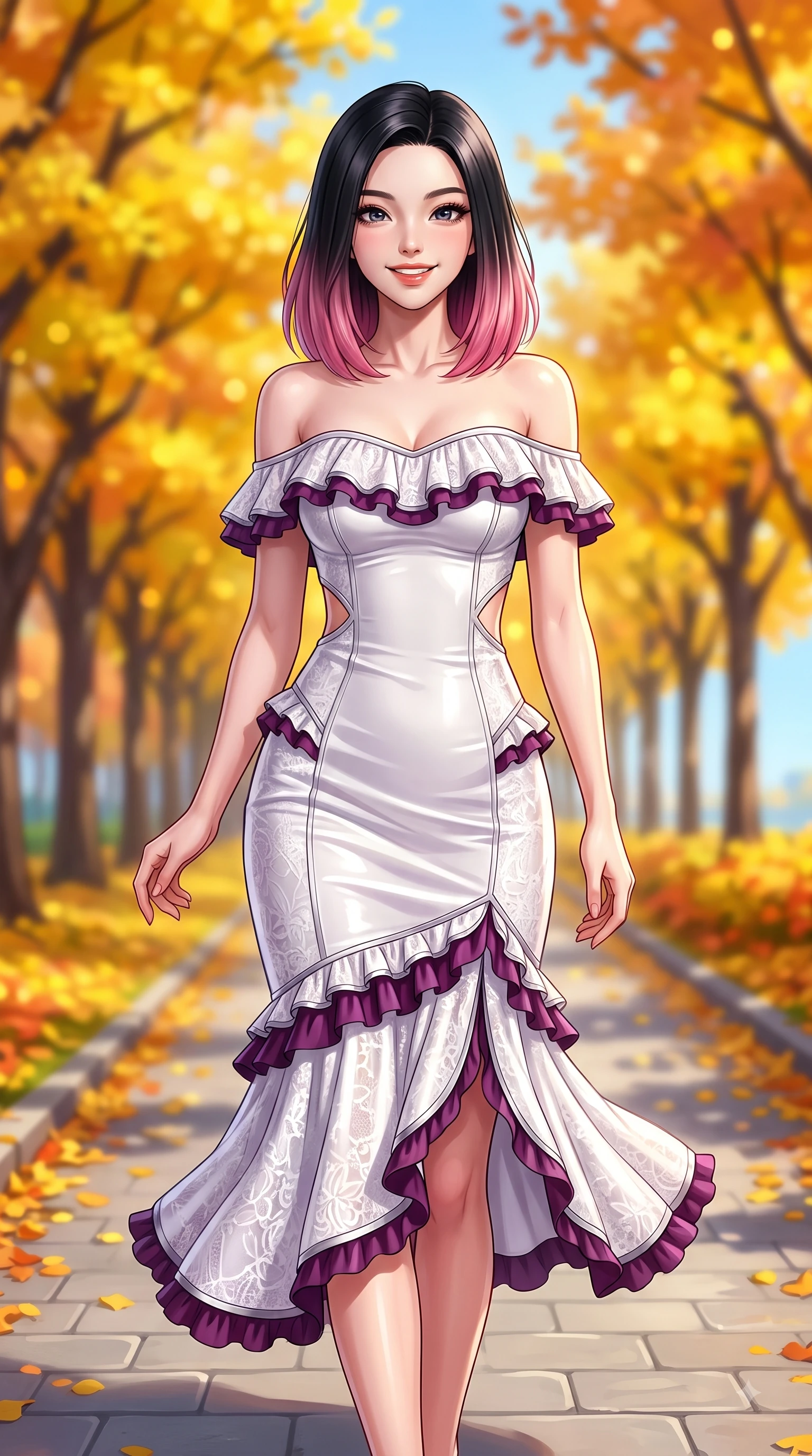 score_9, masterpiece, best quality, ultra-detailed, high-budget anime keyframe, editorial fashion photography, tasteful artistic composition, Korean woman. close-up cowboy shot from the waist and thighs up, the character dominates the composition, filling the frame with her large presence. Playful cute grin with eyes crinkling in pure girlhood delight, leaning forward with adorable energy while stepping along a paved park path flanked by vibrant autumn trees under a clear blue sky. The composition keeps background elements in soft focus with dreamy bokeh. vibrant yellow and orange tree arcades blurring smoothly behind her fashion silhouette. She has an exceptionally elegant, slender, and willowy female figure with an ultra-slim waist, a gracefully sculpted slender torso, and a refined silhouette. sharp v-shaped jawline, high-bridge nose, intricate jewel-like eyes with depth, thick eyelashes, glossy lips with a natural sheen, flawlessly proportioned anatomical accuracy, natural body alignment, perfectly sculpted elegant limbs, clean dynamic posture without body distortion. wearing a chic white lace off-shoulder midi dress decorated with delicate ruffle trims in rich plum violet and metallic platinum, made of premium stretch velvet with a rich glossy sheen, complemented by clean architectural seams and subtle cutouts, the fluid drape swaying gracefully with her dynamic editorial movement. illuminated by bright glowing yellow ambient light and clear sky refractions. highly saturated vibrant anime colors, detailed shading with soft gradients, rich glossy textures, high-contrast stereoscopic depth, volumetric dynamic lighting, master piece, 9:16 ratio
