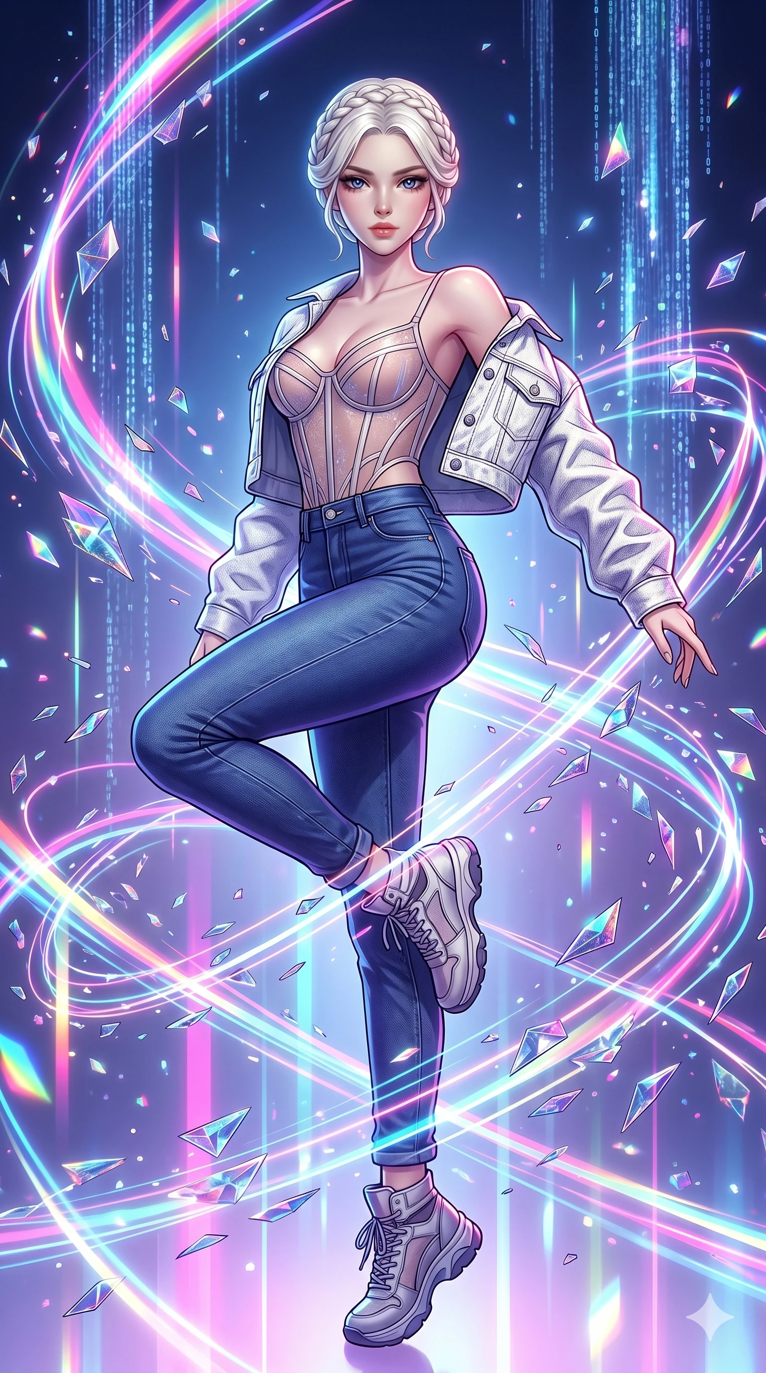 score_9, masterpiece, best quality, ultra-detailed, Set C: High-budget Anime Keyframe, Korean woman. Low angle cowboy shot filling the entire 9:16 frame with her statuesque presence. Dancing with floating data-shards in a minimalist digital void filled with colorful light trails. She has an absolutely perfect 8-heads proportion, an exceptionally tall and slender female figure with impossibly long slender legs and an ultra-slim waist. Sharp v-shaped jawline, high-bridge nose, intricate jewel-like eyes with depth, thick eyelashes, glossy lips. Wearing an Urban Trendsetter outfit: sheer corset with high-waist denim and a cropped jacket. Background is a bright and colorful digital dimension with glowing data streams and prismatic particles. 2k, ultra detail, master piece, 9:16 ratio