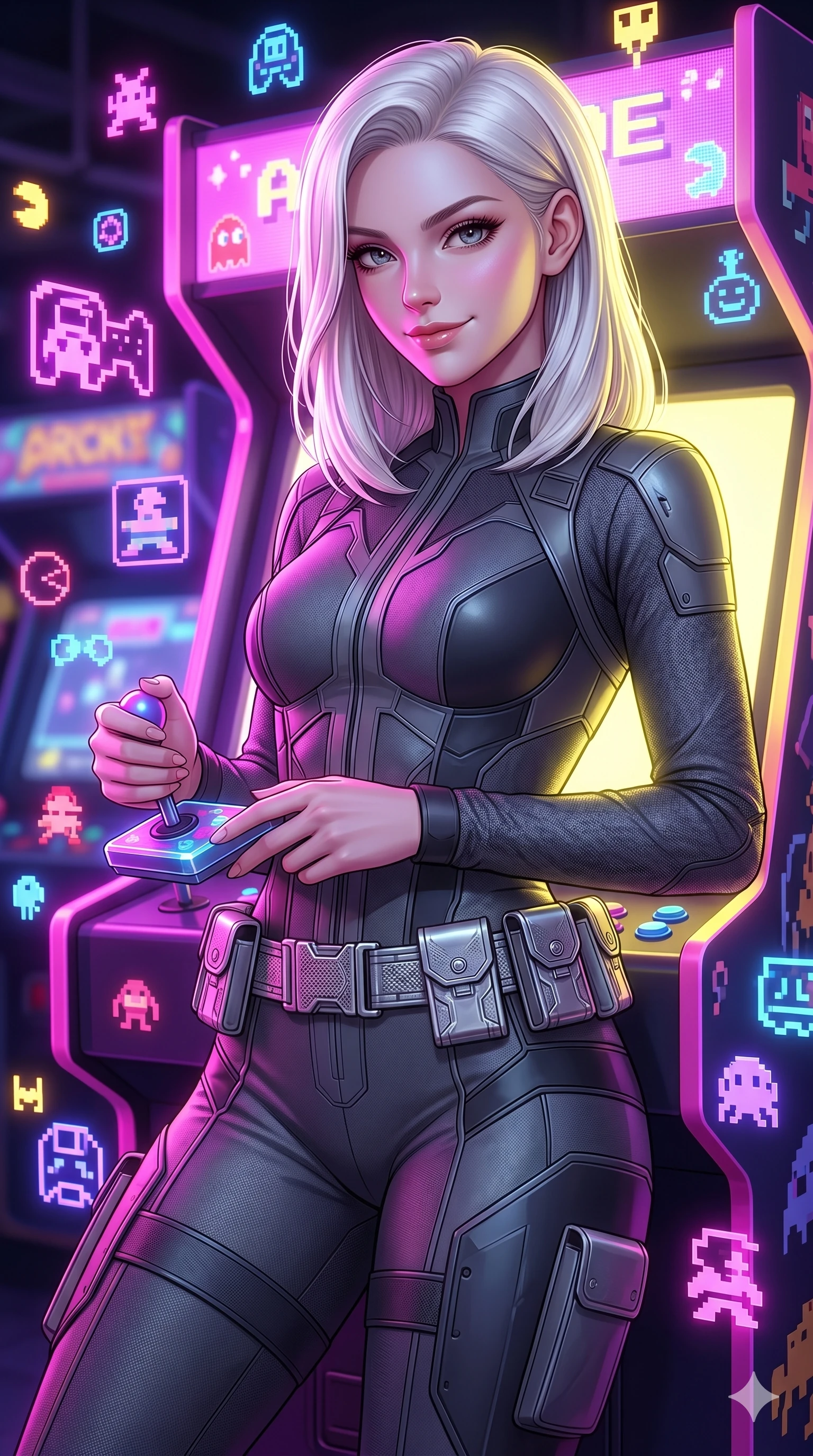 score_9, masterpiece, best quality, ultra-detailed, high-budget anime keyframe, semi-realistic 3D game render, Caucasian woman, strictly human ears. Upper body close-up from the thighs up, character filling the screen for maximum presence. She is leaning back against a glowing retro arcade cabinet, surrounded by floating pixelated neon icons. She holds a glowing joystick with a teasing, commanding smile. She has an absolutely perfect 8-heads proportion, a tall and elegant figure with a refined silhouette and a defined waistline. V-shaped jawline, high-bridge nose, intricate jewel-like eyes with depth, thick eyelashes, glossy lips with a natural sheen. She is wearing a high-fashion tech-jumpsuit featuring structured panel overlays across the torso and shoulders, accented by a metallic silver utility belt and textured fabric sleeves. The scene is illuminated by bright pink and violet neon screen glare and a sharp yellow ambient rim light. 2k, ultra detail, master piece, 9:16 ratio
