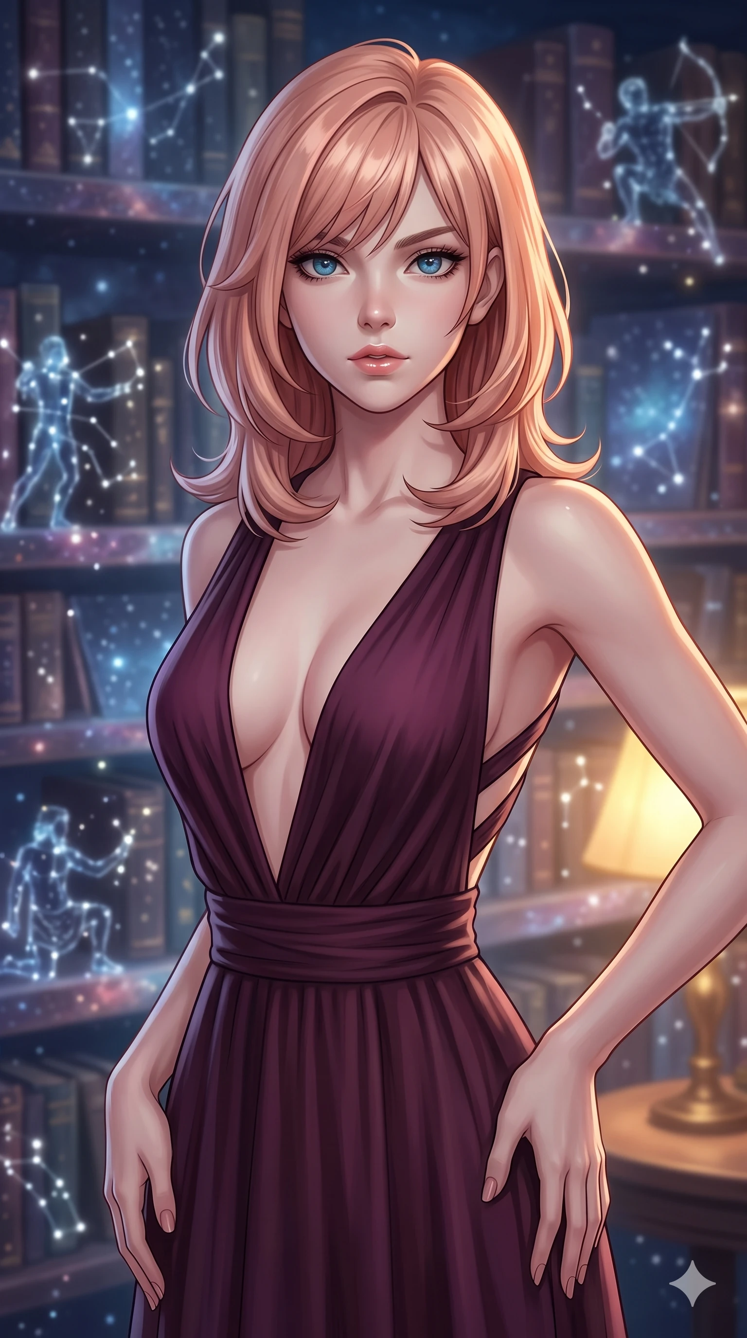 score_9, masterpiece, best quality, ultra-detailed, high-budget anime keyframe, editorial fashion photography, tasteful artistic composition, Japanese woman. close-up cowboy shot from the waist and thighs up, the character dominates the composition, filling the frame with her large presence, background elements kept in soft focus. Looking directly at the camera with a bold fearless expression and parted lips. set against a soft-focus background of an impossible library where living star charts serve as pages in books of dark matter the constellation figures physically moving along bookshelves made of compressed starlight and nebula dust. She has an exceptionally elegant and slender, willowy female figure with an ultra-slim waist, a gracefully sculpted slender torso, and a refined slim physique. sharp v-shaped jawline, high-bridge nose, intricate jewel-like eyes with depth, thick eyelashes, glossy lips with a natural sheen. wearing a dark plum dress with a deep plunging V-neckline and a criss-cross strap back design. soft cool starlight glow from the living constellation charts combined with warm golden reading-lamp ambiance creating a scholarly celestial atmosphere. 2k, ultra detail, master piece, 9:16 ratio