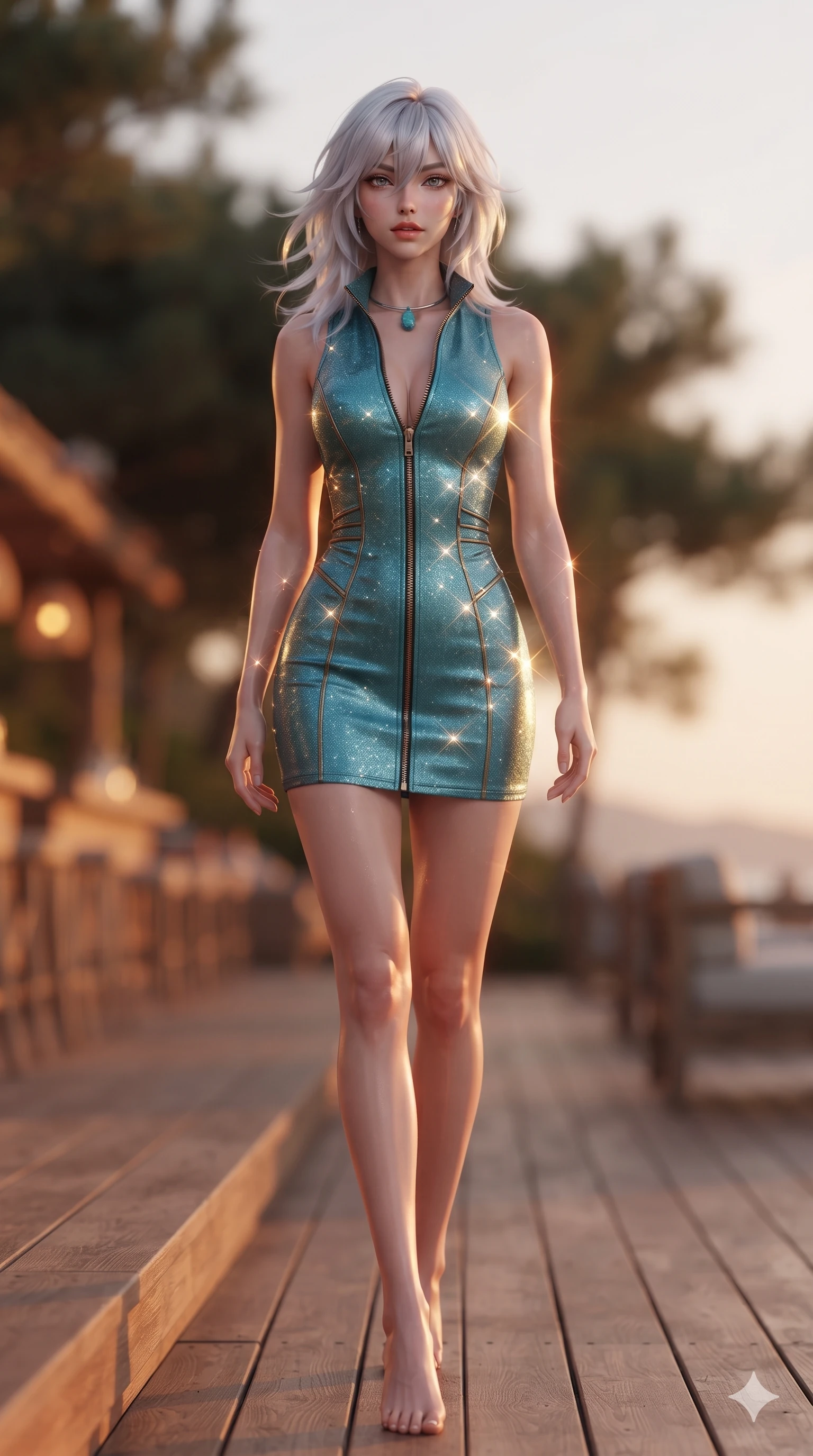 score_9, masterpiece, best quality, ultra-detailed, high-budget anime keyframe, editorial fashion photography, tasteful artistic composition, Japanese woman. low angle full-body shot from head to toe showing her feet, filling the entire 9:16 vertical frame with her statuesque presence, stretching her vertical silhouette. stepping slowly toward the camera with hypnotic grace, hips swaying in an alluring sensual rhythm that accentuates her curvy hourglass silhouette and long slender legs while standing poised at the edge of the timber deck overlooking the beach, arching her lower back with sovereign supermodel grace as evening breezes stir her hair. The background shows a soft-focus coastal pine sunset terrace softened in rustic luxury beach bar shallow focus. She has an absolutely perfect, statuesque 8.5-heads proportion, an exceptionally tall and slender model-like female figure with impossibly long slender legs, an ultra-slim waist, a flat toned midriff, narrow delicate ribcage, and beautifully sculpted feminine hips creating a graceful, slim hourglass silhouette without any bulky heaviness. sharp v-shaped jawline, high-bridge nose, sparkling eyes with hypnotic seductive depth, thick curled eyelashes, glossy parted lips with a natural dewy peach sheen, alluring bedroom-eyes with an enchanting coquettish smile, exuding magnetic siren charisma and sophisticated glamour, flawlessly proportioned anatomical accuracy, strict slender model proportions, natural body alignment, perfectly sculpted long slender limbs, ultra-slim waistline, clean dynamic posture without body distortion. wearing a glove-like stretch lambskin leather racer mini dress with double-ended front zipper and waist-cinching seams in turquoise patina and burnished vintage brass, woven from stretch metallic lurex jersey casting radiant starlight glints across her silhouette, finished with a minimalist chrome choker and a single turquoise stone pendant, the bespoke structured tailoring following the natural line of her 8.5-heads silhouette with refined elegance. illuminated by timber floor bounce and sharp coral-amber rim lights defining her razor-sharp jawline, narrow waist, and curvy hips. ultra-reflective glossy finish, specular highlights, rich textural contrasts, high-contrast stereoscopic depth, volumetric dynamic lighting, 2k, ultra detail, master piece, 9:16 ratio