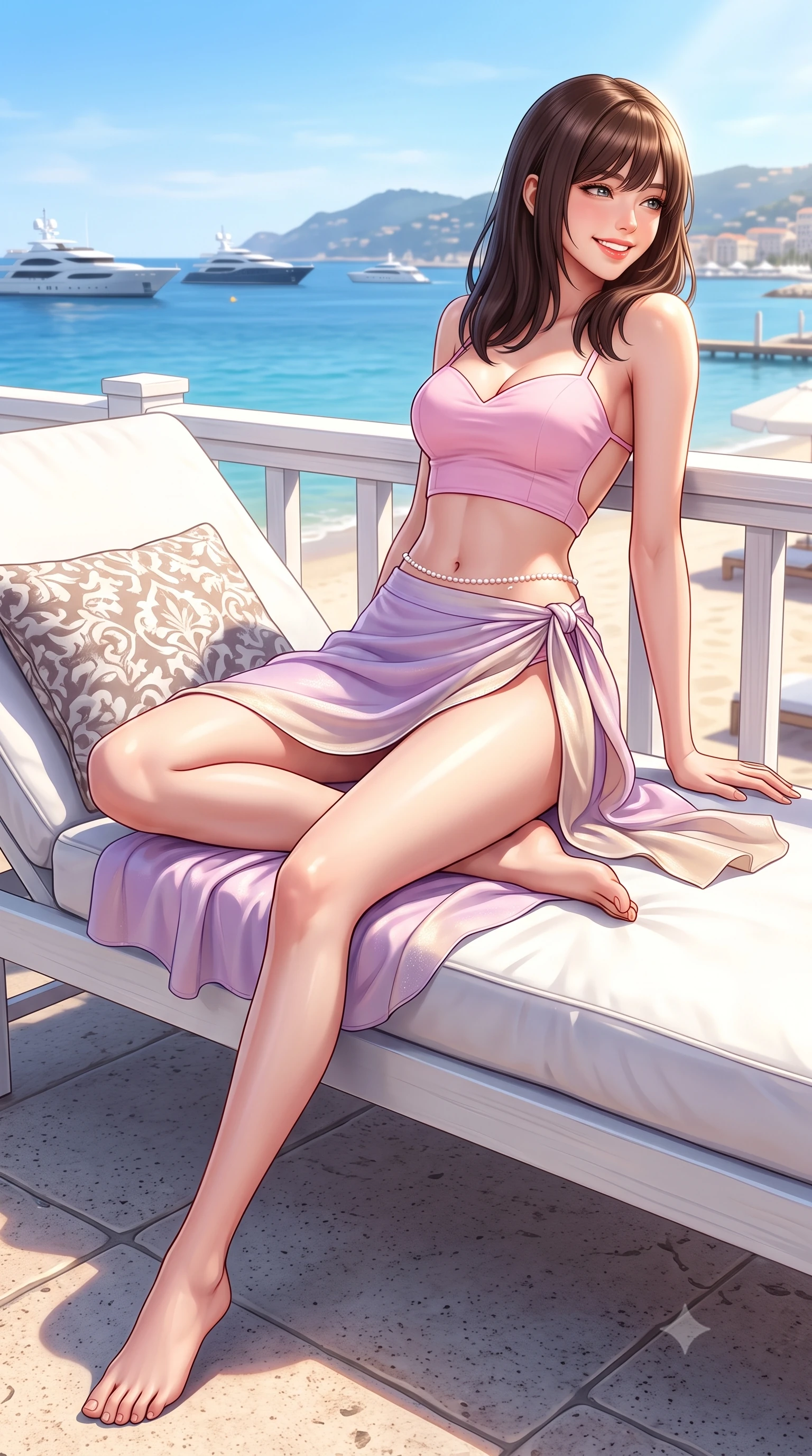 score_9, masterpiece, best quality, ultra-detailed, high-budget anime keyframe, semi-realistic 3D game render, editorial fashion photography, tasteful artistic composition, Korean woman. low angle full-body shot from head to toe showing her feet, filling the entire 9:16 vertical frame with her statuesque presence, stretching her vertical silhouette. reclining languidly on her side across the sunbed with one knee drawn up, her radiant smile and arched hip curve commanding the 9:16 vertical frame with youthful sensual charisma while leaning against the white beach club railing with hips cocked back, looking over her shoulder with an alluring, sun-dazed bedroom-gaze. The surrounding environment is rendered in vivid detail and crisp panoramic clarity. detailed swimwear fabric sheen, golden sun glints on skin, and Cannes coastline clarity in high resolution. She has an exceptionally tall and slender model-like 8.5-heads proportion, an ultra-slim waist, a flat toned midriff, narrow delicate ribcage, and beautifully sculpted feminine hips creating a graceful, slim hourglass silhouette without any bulky heaviness, with impossibly long slender legs. sharp v-shaped jawline, high-bridge nose, intricate jewel-like sparkling eyes with depth, thick eyelashes, glossy parted lips with a natural peach sheen, bright cheerful beaming smile with an enchanting and coquettish sensual glint, exuding both youthful cute charm and seductive allure, flawlessly proportioned anatomical accuracy, strict slender model proportions, natural body alignment, perfectly sculpted long slender limbs, ultra-slim waistline, clean dynamic posture without body distortion. wearing a sweetheart-neckline baby-pink crop top with a high-slit wrap mini skirt accentuating her waist-to-hip curve in soft lilac and champagne shimmer, tailored from fine lightweight chiffon that flutters gently in the breeze, accented with a dainty pearl waist chain catching the ambient sunlight, the precision-cut side openings and low-back scoop framing her graceful spine and the sensual sweep of her slim, toned hips. bathed in brilliant midday Mediterranean golden sunlight and bright white sand bounce fill. highly saturated vibrant anime colors, detailed shading with soft gradients, rich glossy textures, high-contrast stereoscopic depth, volumetric dynamic lighting, master piece, 9:16 ratio