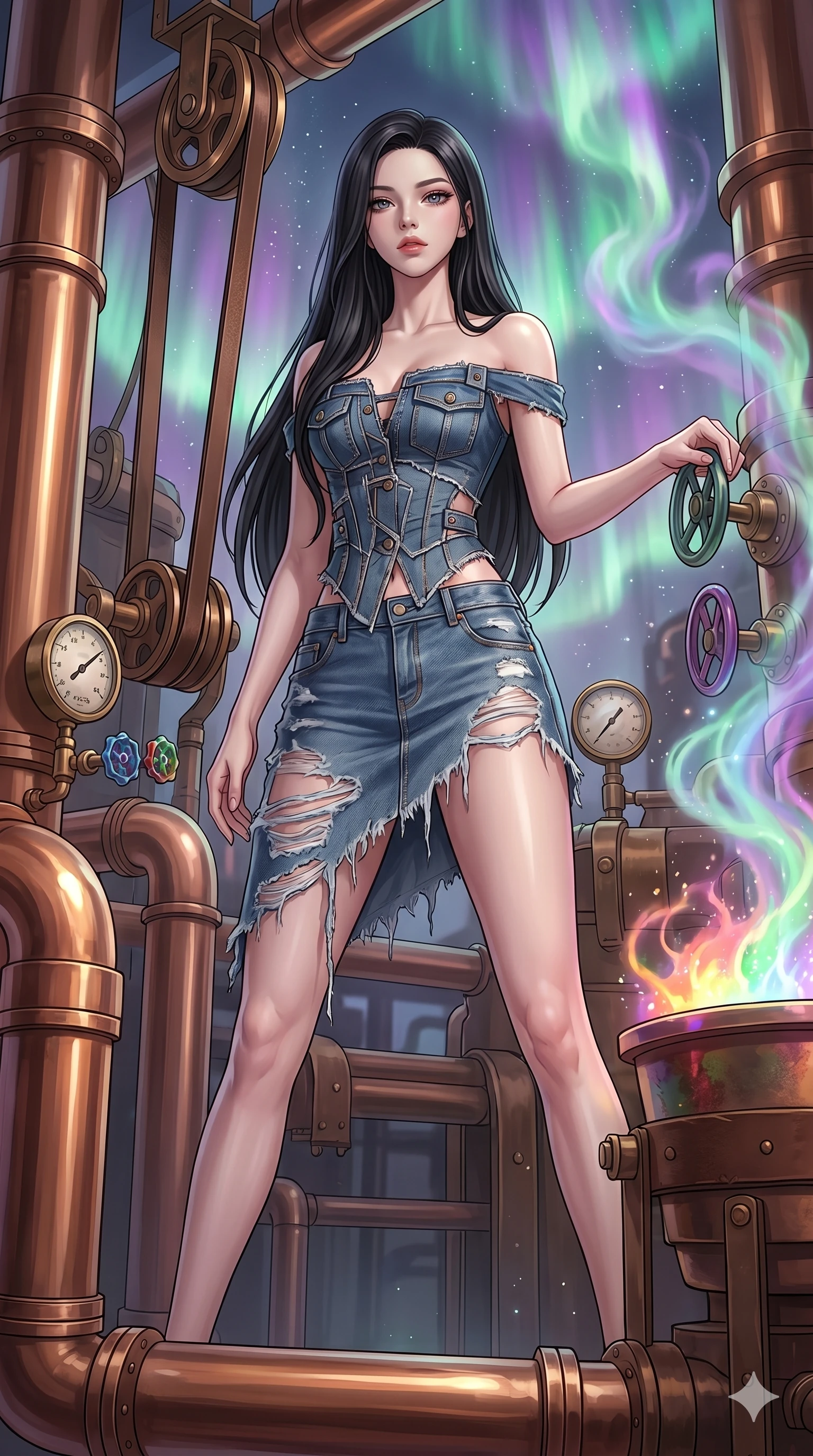 score_9, masterpiece, best quality, ultra-detailed, high-budget anime keyframe, Korean woman. low angle full-body shot filling the entire 9:16 frame with her statuesque presence, stretching the vertical silhouette. operating a steampunk aurora foundry surrounded by massive copper pipes and leather belts, where pastel aurora gas billows from valves and liquid rainbow energy boils in a crucible. She has an absolutely perfect 8-heads proportion, an exceptionally tall and slender female figure with impossibly long slender legs and an ultra-slim waist. V-shaped jawline, high-bridge nose, intricate jewel-like eyes with depth, thick eyelashes, glossy lips with a natural sheen.. wearing a deconstructed denim corset and an asymmetric ripped denim micro-skirt, showcasing a rugged yet chic off-shoulder style. illuminated by dramatic chiaroscuro casting soft shadows along her curves, with vibrant backlighting highlighting the dust particles. 2k, ultra detail, master piece, 9:16 ratio
