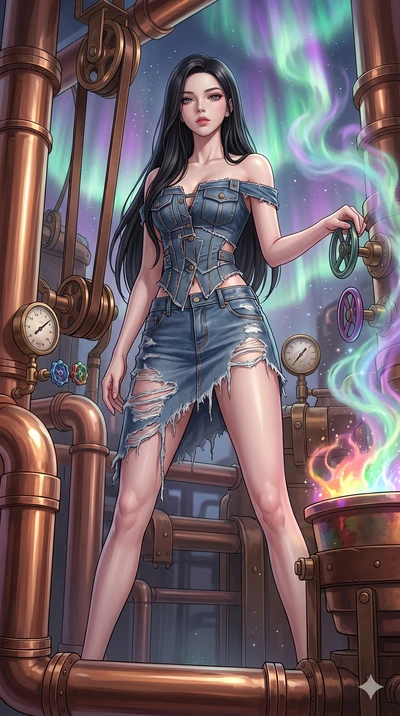 score_9, masterpiece, best quality, ultra-detailed, high-budget anime keyframe, Korean woman. low angle full-body shot filling the entire 9:16 frame with her statuesque presence, stretching the vertical silhouette. operating a steampunk aurora foundr