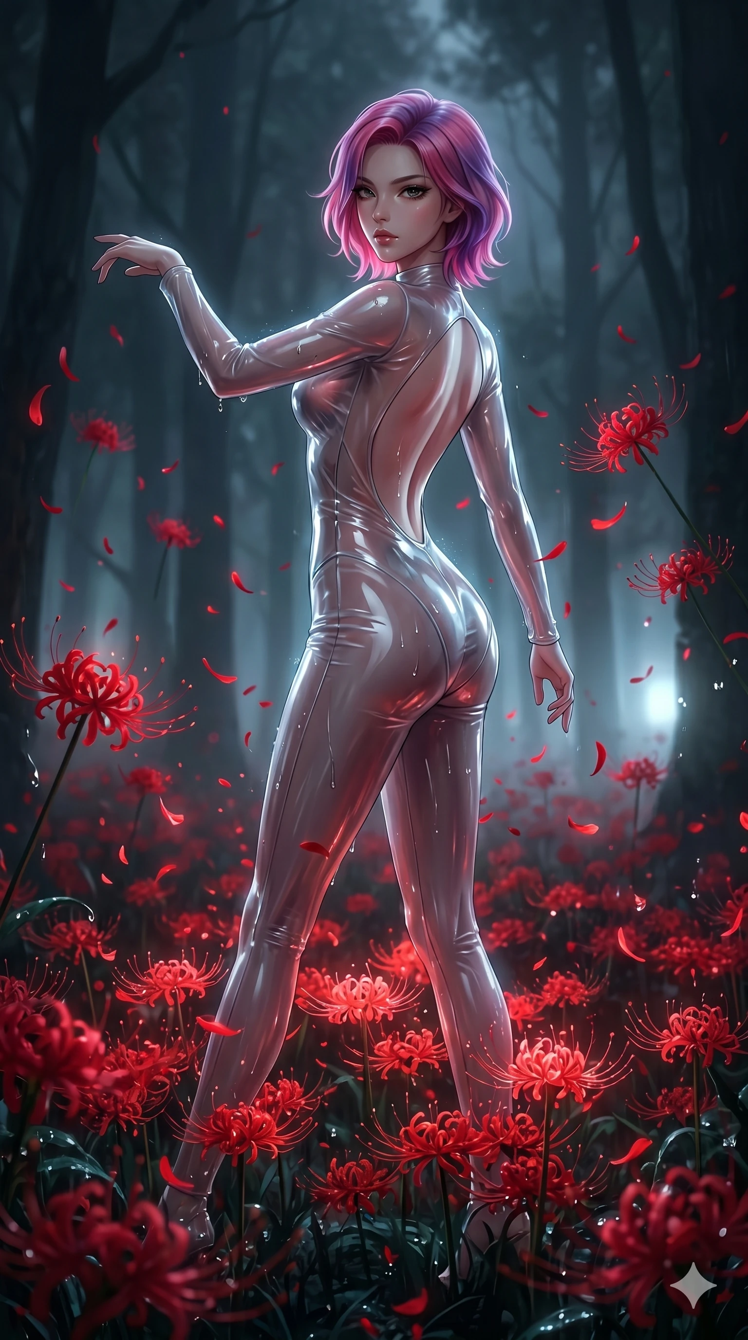 score_9, masterpiece, best quality, ultra-detailed, High-budget Anime Keyframe, East Asian woman. Low angle cowboy shot filling the entire 9:16 frame with her statuesque presence. Scenario 235: Dancing amidst falling red spider lilies in a misty dark forest. Her presence is magnetic and overpowering in this high-budget anime scene. Outfit 235: A translucent PVC bare with a backless design and wet-look texture. The clothing is designed to emphasize her exceptionally tall and slender 8-heads proportion. 8-heads proportion, towering silhouette, ultra-slim waist. sharp v-shaped jawline, intricate jewel-like eyes with depth, thick eyelashes, glossy lips. 2k, ultra detail, master piece, 9:16 ratio