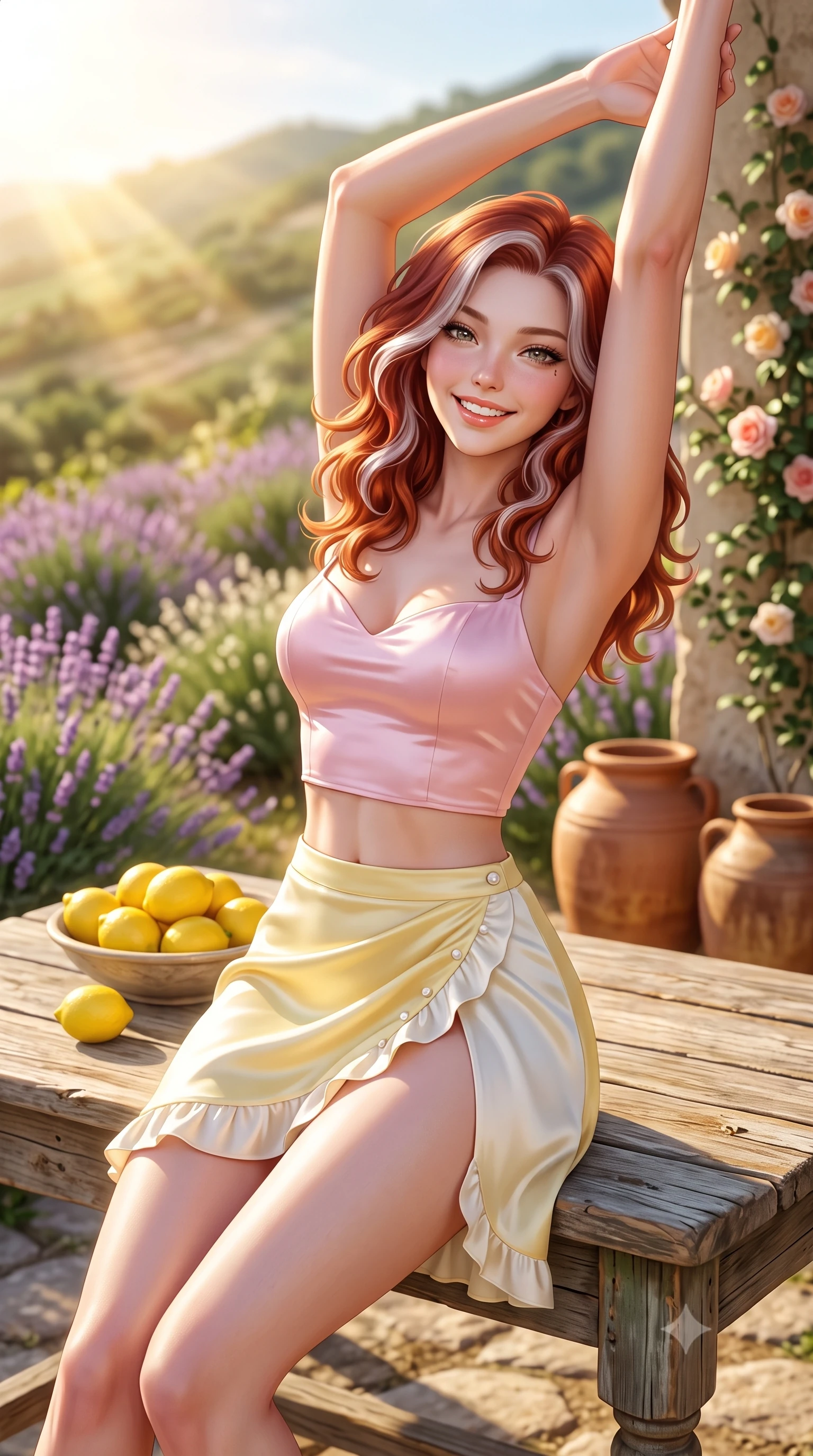 score_9, masterpiece, best quality, ultra-detailed, high-budget anime keyframe, semi-realistic 3D game render, editorial fashion photography, tasteful artistic composition, Caucasian woman. close-up cowboy shot from the waist and thighs up, the character dominates the composition, filling the frame with her large presence. playfully stretching one arm overhead toward the sun, her radiant smile capturing fresh girlhood charm while her arched torso reveals an intoxicating hip contour while sitting perched on a weathered wooden table beside a bowl of fresh yellow lemons, her long slender legs and curvy hips framed by blooming fields. The composition keeps background elements in soft focus with dreamy creamy bokeh. climbing climbing roses and terracotta olive jars softened in romantic French shallow focus. She has an exceptionally elegant, slender, and willowy female figure with an ultra-slim waist, flat toned midriff, narrow ribcage, and sculpted feminine hips creating an alluring, slim hourglass silhouette without bulk. sharp v-shaped jawline, high-bridge nose, intricate jewel-like sparkling eyes with depth, thick eyelashes, glossy parted lips with a natural peach sheen, bright cheerful beaming smile with an enchanting and coquettish sensual glint, exuding both youthful cute charm and seductive allure, flawlessly proportioned anatomical accuracy, strict slender model proportions, natural body alignment, perfectly sculpted long slender limbs, ultra-slim waistline, clean dynamic posture without body distortion. wearing a sweetheart-neckline baby-pink crop top with a high-slit wrap mini skirt accentuating her waist-to-hip curve in bright butter yellow and fresh cream white, made of smooth fluid silk satin with a delicate pearlescent sheen, finished with subtle ruffle trims and delicate pearl buttons, the precision-cut side openings and low-back scoop framing her graceful spine and the sensual sweep of her slim, toned hips. bathed in brilliant golden hour southern French sunlight streaming across the purple hillside. highly saturated vibrant anime colors, detailed shading with soft gradients, rich glossy textures, high-contrast stereoscopic depth, volumetric dynamic lighting, master piece, 9:16 ratio