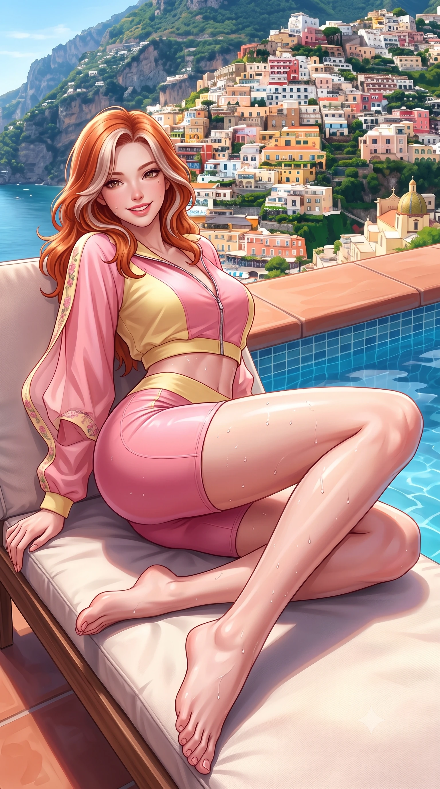 score_9, masterpiece, best quality, ultra-detailed, high-budget anime keyframe, semi-realistic 3D game render, editorial fashion photography, tasteful artistic composition, Caucasian woman. low angle full-body shot from head to toe showing her feet, filling the entire 9:16 vertical frame with her statuesque presence, stretching her vertical silhouette. reclining languidly on her side across the sunbed with one knee drawn up, her radiant smile and arched hip curve commanding the 9:16 vertical frame with youthful sensual charisma while leaning back against the smooth terracotta pool coping, her long slender legs and feminine curves highlighted as Positano cascades down behind her. The surrounding environment is rendered in vivid detail and crisp panoramic clarity. detailed swimwear fabric sheen, water droplet beads on skin, and Amalfi cliffside architecture in high resolution. She has an exceptionally tall and slender model-like 8.5-heads proportion, an ultra-slim waist, a flat toned midriff, narrow delicate ribcage, and beautifully sculpted feminine hips creating a graceful, slim hourglass silhouette without any bulky heaviness, with impossibly long slender legs. sharp v-shaped jawline, high-bridge nose, intricate jewel-like sparkling eyes with depth, thick eyelashes, glossy parted lips with a natural peach sheen, bright cheerful beaming smile with an enchanting and coquettish sensual glint, exuding both youthful cute charm and seductive allure, flawlessly proportioned anatomical accuracy, strict slender model proportions, natural body alignment, perfectly sculpted long slender limbs, ultra-slim waistline, clean dynamic posture without body distortion. wearing a sporty chic zip-up crop jacket paired with high-waisted biker shorts clinging to her athletic hips in sweet strawberry milk pink and butter yellow, tailored from fine lightweight chiffon that flutters gently in the breeze, complemented by delicate embroidered floral trim along the hem, the form-fitting cut adhering flawlessly to her sculpted flat midriff and slender torso, emphasizing her long leg lines and perfectly proportioned willowy build. illuminated by intense pool water specular reflections sharply defining her razor-sharp jawline, narrow waist, and curvy hips. highly saturated vibrant anime colors, detailed shading with soft gradients, rich glossy textures, high-contrast stereoscopic depth, volumetric dynamic lighting, master piece, 9:16 ratio