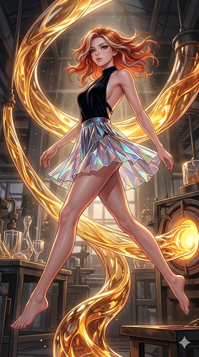 score_9, masterpiece, best quality, ultra-detailed, high-budget anime keyframe, Korean woman. low angle full-body shot filling the entire 9:16 frame with her statuesque presence, stretching the vertical silhouette. bounding through a molten glass art