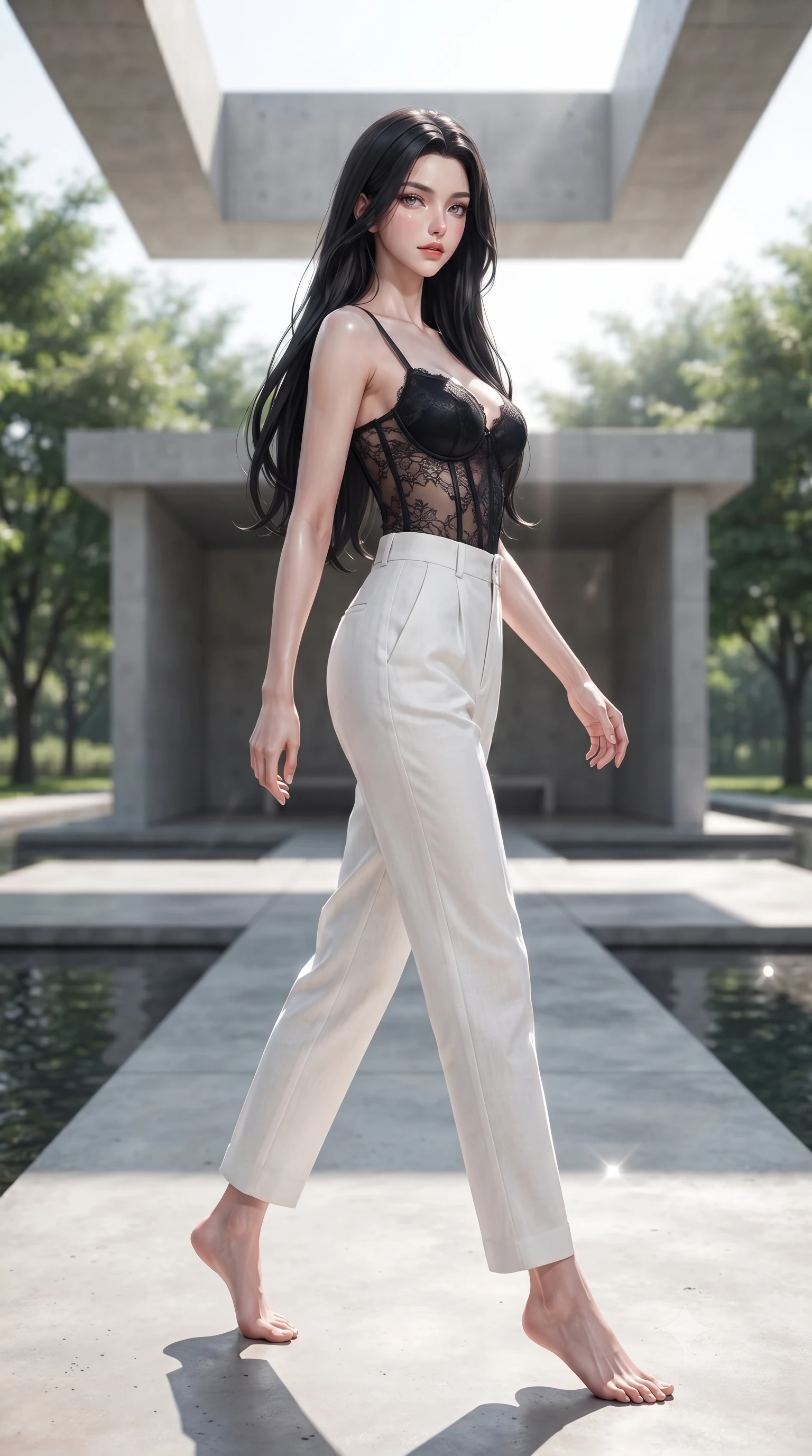 score_9, masterpiece, best quality, ultra-detailed, high-budget anime keyframe, editorial fashion photography, tasteful artistic composition, Korean woman woman. low angle full-body shot from head to toe showing her feet, filling the entire 9:16 vertical frame with her statuesque presence, stretching her vertical silhouette. stepping gracefully while looking back over her shoulder, her dress draped tightly to reveal her silhouette the background shows a soft-focus a minimalist concrete pavilion in a green park, with water pools reflecting the structure. She has an absolutely perfect, statuesque 8.5-heads proportion, an exceptionally tall and slender model-like female figure with impossibly long slender legs and an ultra-slim waist. sharp v-shaped jawline, high-bridge nose, intricate jewel-like eyes with depth, thick eyelashes, glossy lips with a natural sheen. wearing a body-hugging delicate lace corset top in black silk, paired with high-waisted white linen trousers. bright midday sun rays creating clean, sharp shadows and reflections. ultra-reflective glossy finish, specular highlights, metallic sheen, high-contrast stereoscopic depth, volumetric dynamic lighting, 2k, ultra detail, master piece, 9:16 ratio