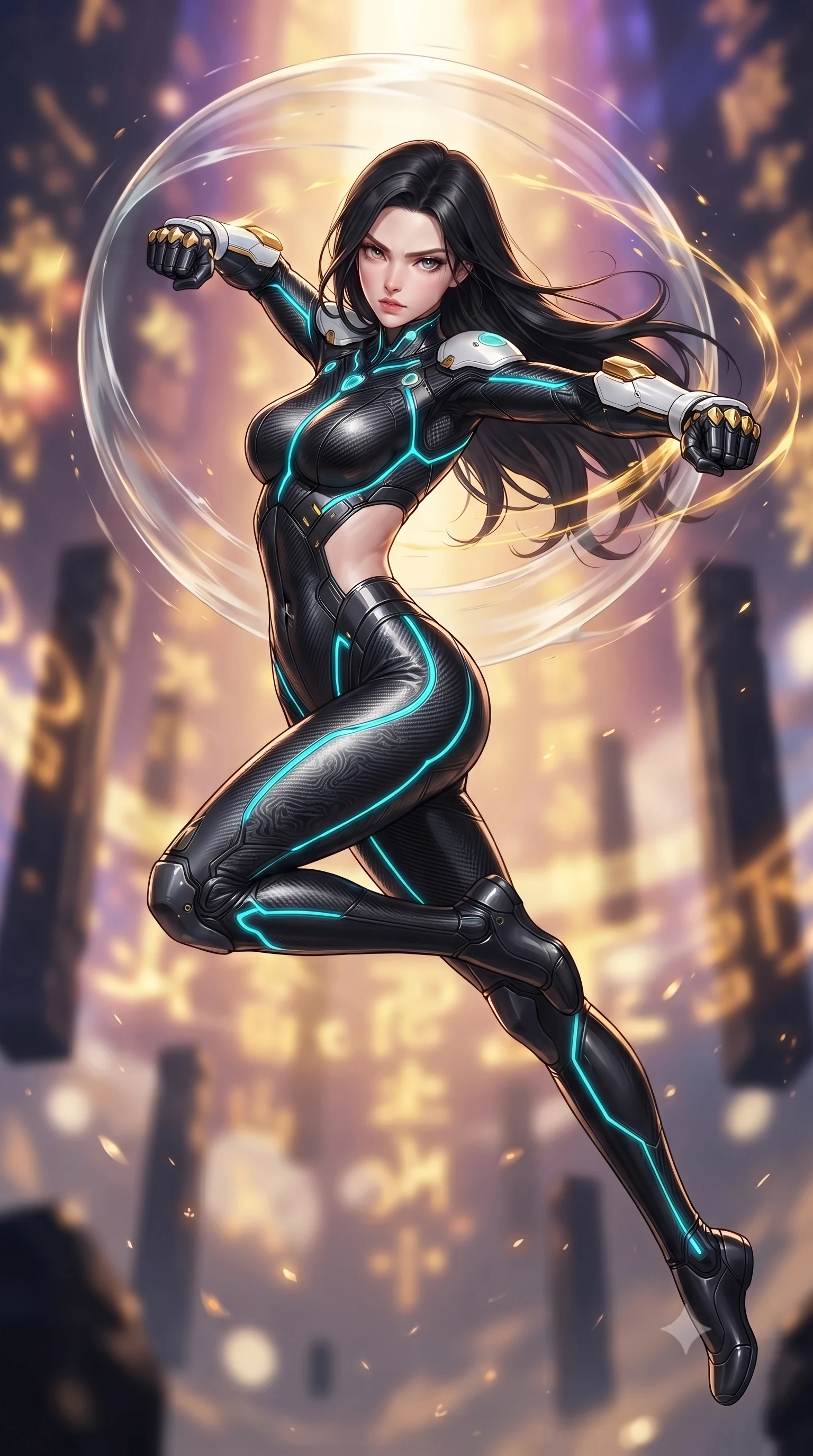 score_9, masterpiece, best quality, ultra-detailed, high-budget anime keyframe, editorial fashion photography, tasteful artistic composition, Korean woman. low angle full-body shot from head to toe showing her feet, filling the entire 9:16 vertical frame with her statuesque presence, stretching her vertical silhouette. leaping into mid-air with an athletic yet alluring arch of her spine, driving a downward kinetic strike surrounded by a ring of displaced air while arching her spine in a fluid zero-gravity turn as golden energy waves pulse through the Damascus-pattern carbon weave of her suit. The composition keeps background elements in soft focus with creamy bokeh. floating obsidian temple pillars and golden holographic glyphs blurred into rich amber, gold, and violet bokeh. She has an absolutely perfect, statuesque 8.5-heads proportion, an exceptionally tall and slender model-like female figure with impossibly long slender legs, a toned flat midriff, and an ultra-slim waist. sharp v-shaped jawline, high-bridge nose, intricate jewel-like eyes with depth, thick eyelashes, glossy lips with a natural sheen, flawlessly proportioned anatomical accuracy, strict slender model proportions, natural body alignment, perfectly sculpted long slender limbs, ultra-slim waistline, clean dynamic posture without body distortion. wearing a high-mobility matte-black carbon-fiber combat bodysuit with glowing neon cyan kinetic conduits and Damascus-textured knuckle guards in arctic white carbon composite with radiant solar gold plating, formed from high-gloss patent carbon-plating with specular chiaroscuro reflections, finished with high-mobility flexible limb seams and miniature magnetic armor locks, the precision-cut daring openings accentuating her delicate midriff, graceful bare collarbones, and ultra-slim feminine waistline. surrounded by an awe-inspiring, ancient, and radiantly transcendent martial muse sovereignty aura. ultra-reflective glossy finish, specular highlights, dark metallic sheen, high-contrast stereoscopic depth, volumetric dynamic lighting, 2k, ultra detail, master piece, 9:16 ratio
