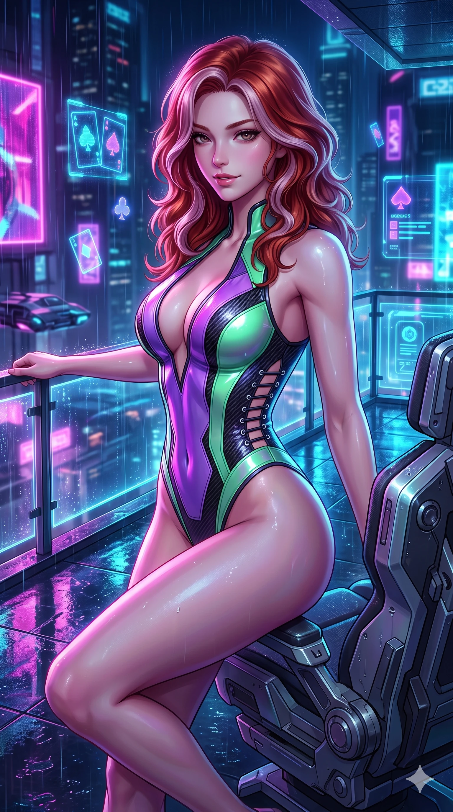 score_9, masterpiece, best quality, ultra-detailed, high-budget anime keyframe, semi-realistic 3D game render, editorial fashion photography, tasteful artistic composition, Caucasian woman. close-up cowboy shot from the waist and thighs up, the character dominates the composition, filling the frame with her large presence. perched sideways on the pilot seat, one knee drawn up to showcase her slender leg line while her arched back accentuates her feminine hip curve while leaning against the glowing glass terrace railing with hips cocked back, looking through rain-slicked holographic billboard reflections with smoldering eyes. The surrounding environment is rendered in vivid detail and crisp panoramic clarity: sharp neon signage glass tube reflections, wet terrace glass floor reflections, and floating digital card suits in deep focus. She has an exceptionally elegant, slender, and willowy female figure with an ultra-slim waist, flat toned midriff, narrow ribcage, and sculpted feminine hips creating an alluring, slim hourglass silhouette without bulk. sharp v-shaped jawline, high-bridge nose, intricate jewel-like sparkling eyes with depth, thick eyelashes, glossy parted lips with a natural sheen, bright confident smile with an enchanting and coquettish sensual glint, exuding both youthful magnetic charm and sovereign high-tech allure, flawlessly proportioned anatomical accuracy, strict slender model proportions, natural body alignment, perfectly sculpted long slender limbs, ultra-slim waistline, clean dynamic posture without body distortion. wearing a glossy vinyl and carbon-fiber hybrid bodysuit with a plunging neckline and high-cut leg openings in phosphorescent ultraviolet amethyst and mint green, made of flexible bullet-resistant ballistic microfiber with high-tensile strength, finished with sharp laser-cut side ventilation slits framed by silver hardware rings, the form-contouring cut accentuating her sculpted flat midriff, narrow delicate ribcage, and gracefully curvy hips with cybernetic supermodel precision. bathed in the vibrant, highly saturated glow of magenta, electric cyan, and ultraviolet neon billboards. highly saturated vibrant anime colors, detailed shading with soft gradients, rich glossy textures, high-contrast stereoscopic depth, volumetric dynamic lighting, master piece, 9:16 ratio