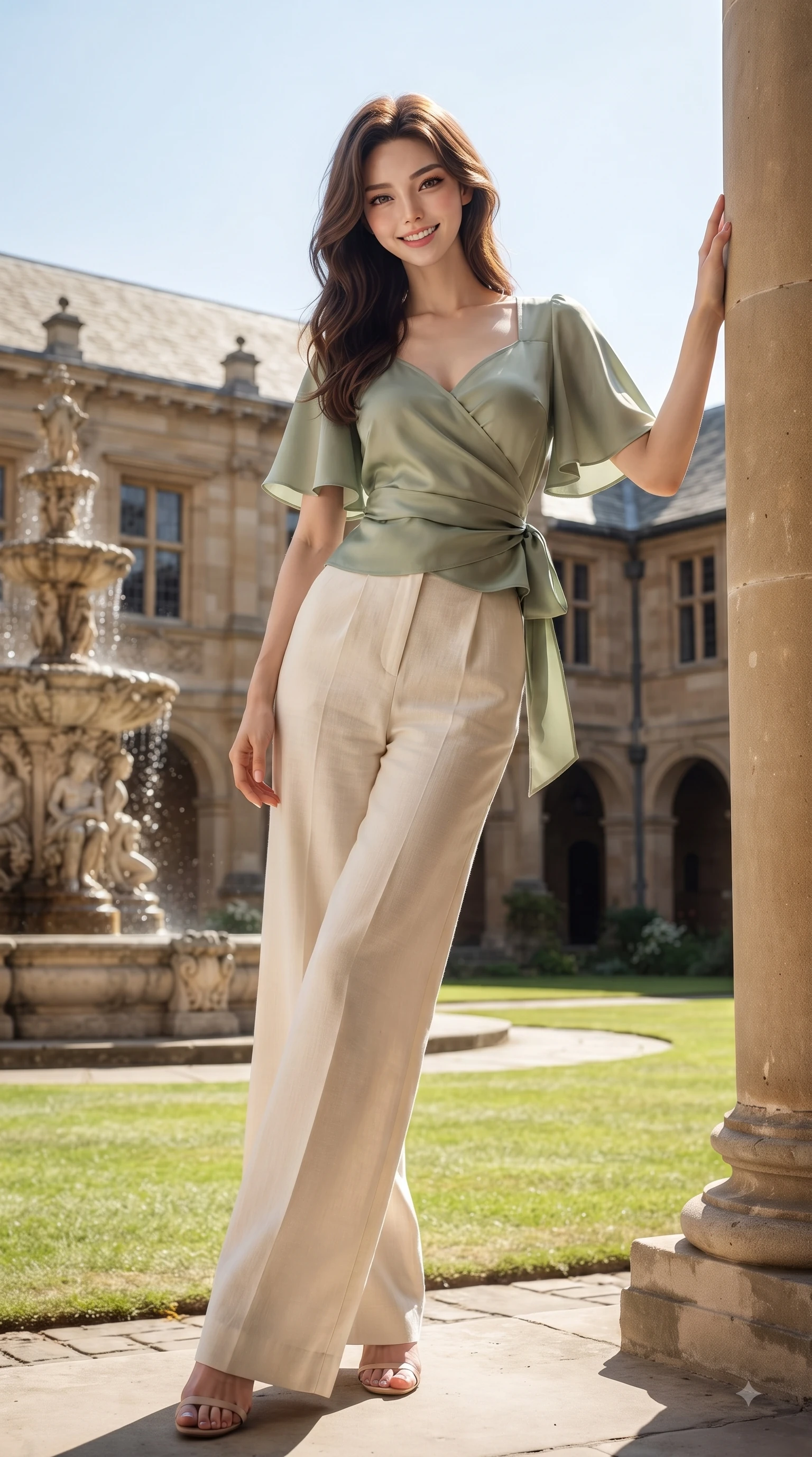 score_9, masterpiece, best quality, ultra-detailed, high-budget anime keyframe, editorial fashion photography, tasteful artistic composition, Korean woman. low angle full-body shot from head to toe showing her feet, filling the entire 9:16 vertical frame with her statuesque presence, stretching her vertical silhouette. pivoting dynamically with a fresh infectious smile, her ultra-slim waist creating a sweeping fluid curve while leaning against an antique stone column in a sun-drenched university quadrangle with a sweet grin. The surrounding environment is rendered in vivid detail and crisp panoramic clarity. intricate fountain carvings, sunlit quad lawn textures, and historical university facade in deep focus. She has an absolutely perfect, statuesque 8.5-heads proportion, an exceptionally tall and slender model-like female figure with impossibly long slender legs and an ultra-slim waist. sharp v-shaped jawline, high-bridge nose, intricate jewel-like eyes with depth, thick eyelashes, glossy lips with a natural sheen, flawlessly proportioned anatomical accuracy, natural body alignment, perfectly sculpted elegant limbs, clean dynamic posture without body distortion. wearing an elegant sage green wrap blouse with wide-leg cream linen trousers in warm coral pink and champagne ivory, crafted from smooth fluid silk satin, featuring elegant flutter sleeves and a graceful square neckline, the soft airy drape swaying gracefully with her dynamic movements. surrounded by an uplifting, fresh, and youthful academic atmosphere. ultra-reflective glossy finish, specular highlights, metallic sheen, high-contrast stereoscopic depth, volumetric dynamic lighting, 2k, ultra detail, master piece, 9:16 ratio