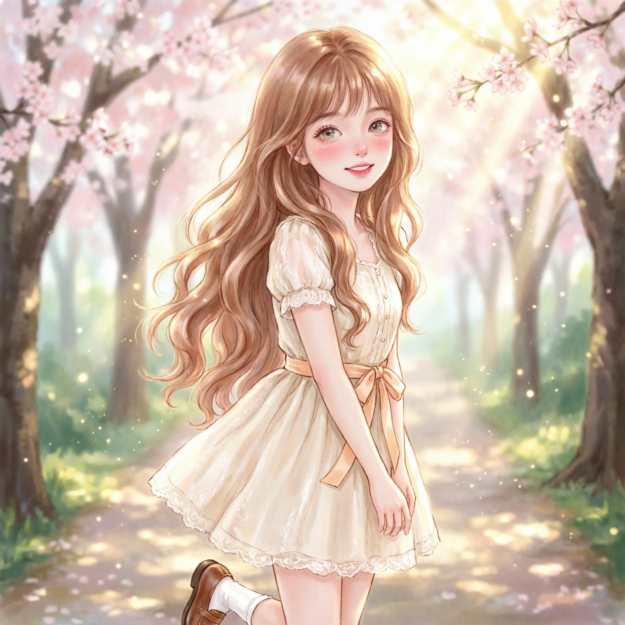 masterpiece, ultra detailed, anime girl, soft aesthetic, long wavy hair, gentle smile, clear skin, sparkling eyes, cinematic lighting, depth of field, light particles, dreamy atmosphere, warm color tone