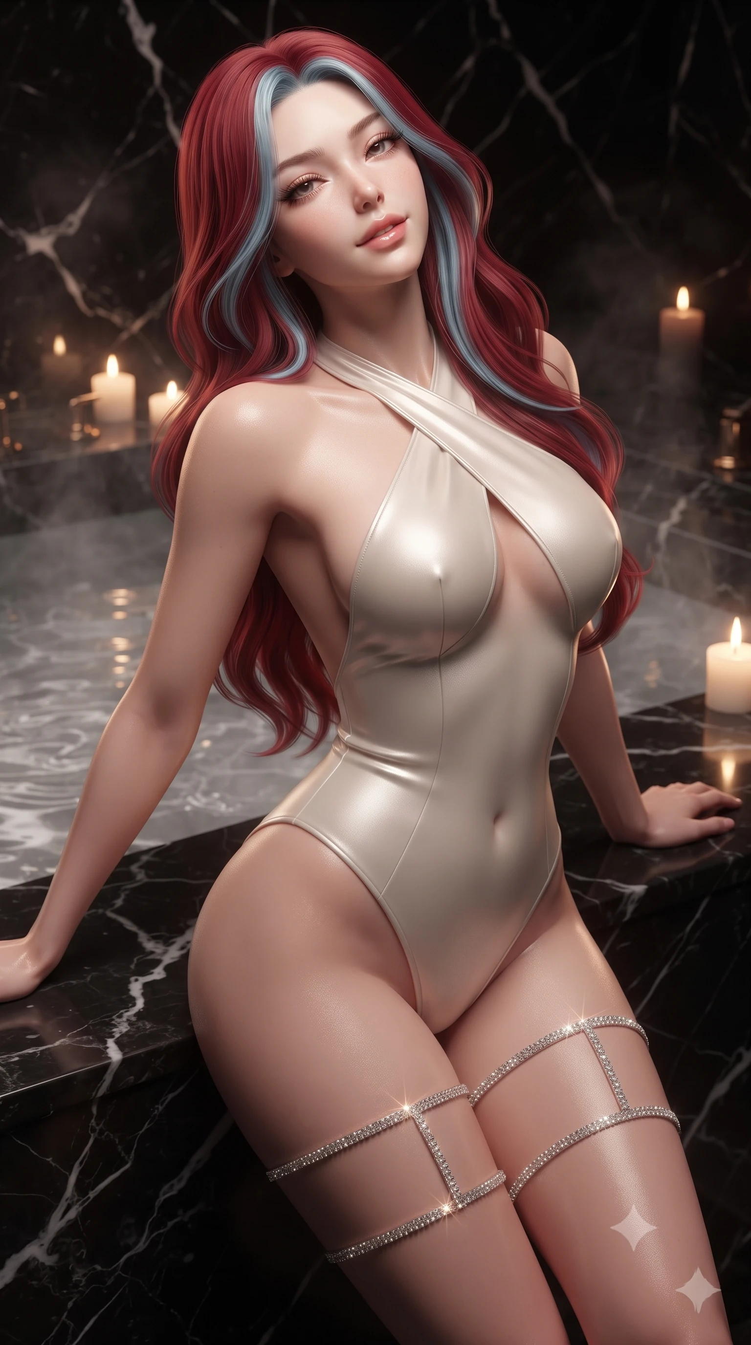 score_9, masterpiece, best quality, ultra-detailed, high-budget anime keyframe, editorial fashion photography, tasteful artistic composition, Caucasian woman. close-up cowboy shot from the waist and thighs up, the character dominates the composition, filling the frame with her large presence. leaning back against the steaming jacuzzi edge with relaxed seductive grace, head tilted back slightly while casting a hypnotic, heavy-lidded gaze while leaning back against the warm black marble basin with hips cocked back, looking into the lens through thick curled eyelashes with an alluring, parted-lip smile. The surrounding environment is rendered in vivid detail and crisp panoramic clarity: sharp polished Nero Marquina marble veining, dancing candle flame reflections, and fine water surface ripples in deep focus. She has an exceptionally elegant, slender, and willowy female figure with an ultra-slim waist, flat toned midriff, narrow ribcage, and sculpted feminine hips creating an alluring, slim hourglass silhouette without bulk. sharp v-shaped jawline, high-bridge nose, sparkling eyes with hypnotic seductive depth, thick curled eyelashes, glossy parted lips with a natural dewy peach sheen, alluring bedroom-eyes with an enchanting coquettish smile, exuding magnetic siren charisma and sophisticated high-fashion glamour, flawlessly proportioned anatomical accuracy, strict slender model proportions, natural body alignment, perfectly sculpted long slender limbs, ultra-slim waistline, clean dynamic posture without body distortion. wearing a criss-cross halterneck keyhole bodysuit with open back and sculpted waist darts in pure pearl alabaster with platinum sheen, woven from buttery-soft stretch lambskin leather adhering to her body like a second skin, finished with delicate crystal-encrusted thigh garter straps glinting in the dim light, the glove-like clinging cut tightly following the natural contour of her hips and long slender legs with youthful 8.5-heads elegance. illuminated by warm candle bounce and sharp rose-gold rim lighting sculpting her jawline, flat midriff, and voluptuous hip curves. ultra-reflective glossy finish, specular highlights, rich textural contrasts, high-contrast stereoscopic depth, volumetric dynamic lighting, 2k, ultra detail, master piece, 9:16 ratio