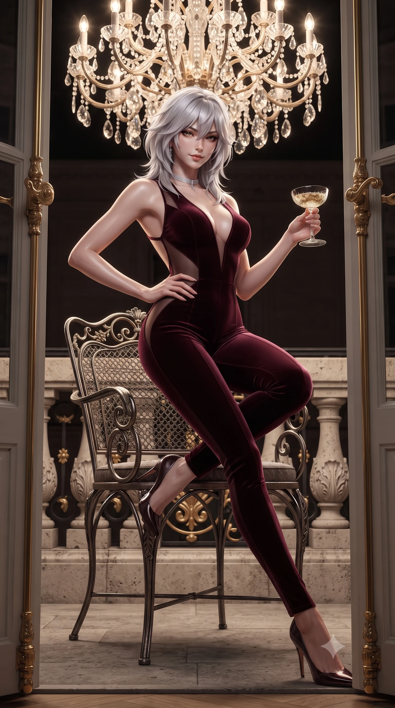 score_9, masterpiece, best quality, ultra-detailed, high-budget anime keyframe, editorial fashion photography, tasteful artistic composition, Japanese woman. low angle full-body shot from head to toe showing her feet, filling the entire 9:16 vertical frame with her statuesque presence, stretching her vertical silhouette. pausing mid-stride beneath the grand chandelier with one hand resting on her narrow waist, her arched hips and statuesque 8.5-heads presence commanding the 9:16 vertical frame while lounging in an outdoor wrought-iron Parisian armchair with legs crossed, holding a coupe of vintage champagne with sovereign supermodel charisma. The surrounding environment is rendered in vivid detail and crisp panoramic clarity. sharp gilded iron scrollwork, carved limestone balustrade texture, and brass door latch details in deep focus. She has an exceptionally tall and slender model-like 8.5-heads proportion, an ultra-slim waist, a flat toned midriff, narrow delicate ribcage, and beautifully sculpted feminine hips creating a graceful, slim hourglass silhouette without any bulky heaviness, with impossibly long slender legs. sharp v-shaped jawline, high-bridge nose, intricate jewel-like dark sparkling eyes with dangerous depth, thick curled eyelashes, glossy parted lips with a rich wine sheen, smoldering seductive half-smile with bedroom-eyes, exuding effortless superiority and intoxicating dark allure, flawlessly proportioned anatomical accuracy, strict slender model proportions, natural body alignment, perfectly sculpted long slender limbs, ultra-slim waistline, clean dynamic posture without body distortion. wearing a second-skin dark burgundy stretch-velvet jumpsuit with a plunging neckline and open back in rich plum violet and deep onyx black, made of semi-opaque dark contouring mesh clinging like a second skin, finished with a delicate diamond choker catching the chandelier light, the form-contouring cut accentuating her sculpted flat midriff, narrow delicate ribcage, and gracefully curvy hips with sovereign high-fashion precision. illuminated by crisp champagne gold rim lighting sharply sculpting her sculpted clavicle, ultra-slim waistline, and curvy hips. ultra-reflective glossy finish, specular highlights, rich textural contrasts, high-contrast stereoscopic depth, volumetric dynamic lighting, 2k, ultra detail, master piece, 9:16 ratio