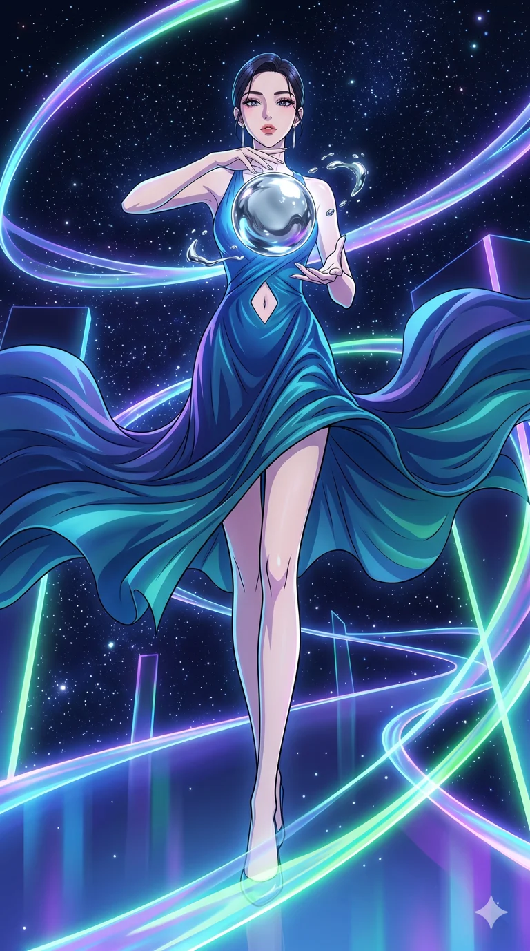 score_9, masterpiece, best quality, ultra-detailed, High-budget Anime Keyframe, vibrant colors, fluid line-art, expressive lighting, cinematic composition, Ufotable-style visual effects, top-tier animation quality, Korean woman with idol-like refined features. Dynamic full-body shot stretching the vertical silhouette, capturing her from a powerful low-angle perspective. Manipulating a sphere of liquid mercury that reflects the neon pulse of the surroundings. She has an absolutely perfect 8-heads proportion, an exceptionally tall and slender female figure with impossibly long slender legs and an ultra-slim waist, her statuesque height and towering silhouette dominating the vertical 9:16 frame. Her face is a masterpiece featuring a sharp v-shaped jawline, high-bridge nose, intricate jewel-like eyes with depth, thick eyelashes, and glossy lips with a natural sheen. She is wearing a Flowing silk gown that ripples like liquid, featuring a small diamond-shaped cutout at the navel. The scene is set in a starlit void where ribbons of light serve as the only paths. 2k, ultra detail, master piece, 9:16 ratio