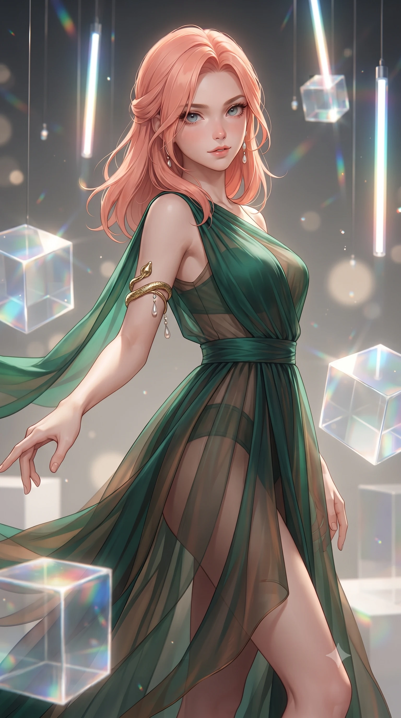 score_9, masterpiece, best quality, ultra-detailed, high-budget anime keyframe, editorial fashion photography, tasteful artistic composition, Japanese woman. close-up cowboy shot from the waist and thighs up, the character dominates the composition, filling the frame with her large presence. extending one slender arm gracefully toward the foreground while casting an affectionate, mesmerizing glance while posing inside an avant-garde digital art gallery surrounded by glowing translucent acrylic cubes and suspended LED tubes. The composition keeps background elements in soft focus with creamy bokeh. refracted light beams and internal acrylic reflections scattering radiant chromatic light motes. She has an exceptionally elegant, slender, and willowy female figure with an ultra-slim waist, a gracefully sculpted slender torso, toned flat midriff, and a refined slim silhouette. sharp v-shaped jawline, high-bridge nose, intricate jewel-like eyes with depth, thick eyelashes, glossy lips with a natural sheen, captivating and magnetic expression, flawlessly proportioned anatomical accuracy, strict slender model proportions, natural body alignment, perfectly sculpted long slender limbs, ultra-slim waistline, clean dynamic posture without body distortion. wearing an ethereal emerald-green silk chiffon gown with an asymmetric shoulder drape and sheer layered skirt in deep emerald green and bronze, woven from airy multi-layered silk chiffon with a weightless drape, accented with a sculptured gold serpent armlet and pearl drops edition #25, the liquid-tight tailored fabric emphasizing every curve of her tall, slender model proportions and sculptured silhouette during dynamic movement. surrounded by a cutting-edge, avant-garde, and mesmerizingly stylish future-fashion muse aura. ultra-reflective glossy finish, specular highlights, rich textural contrasts, high-contrast stereoscopic depth, volumetric dynamic lighting, 2k, ultra detail, master piece, 9:16 ratio