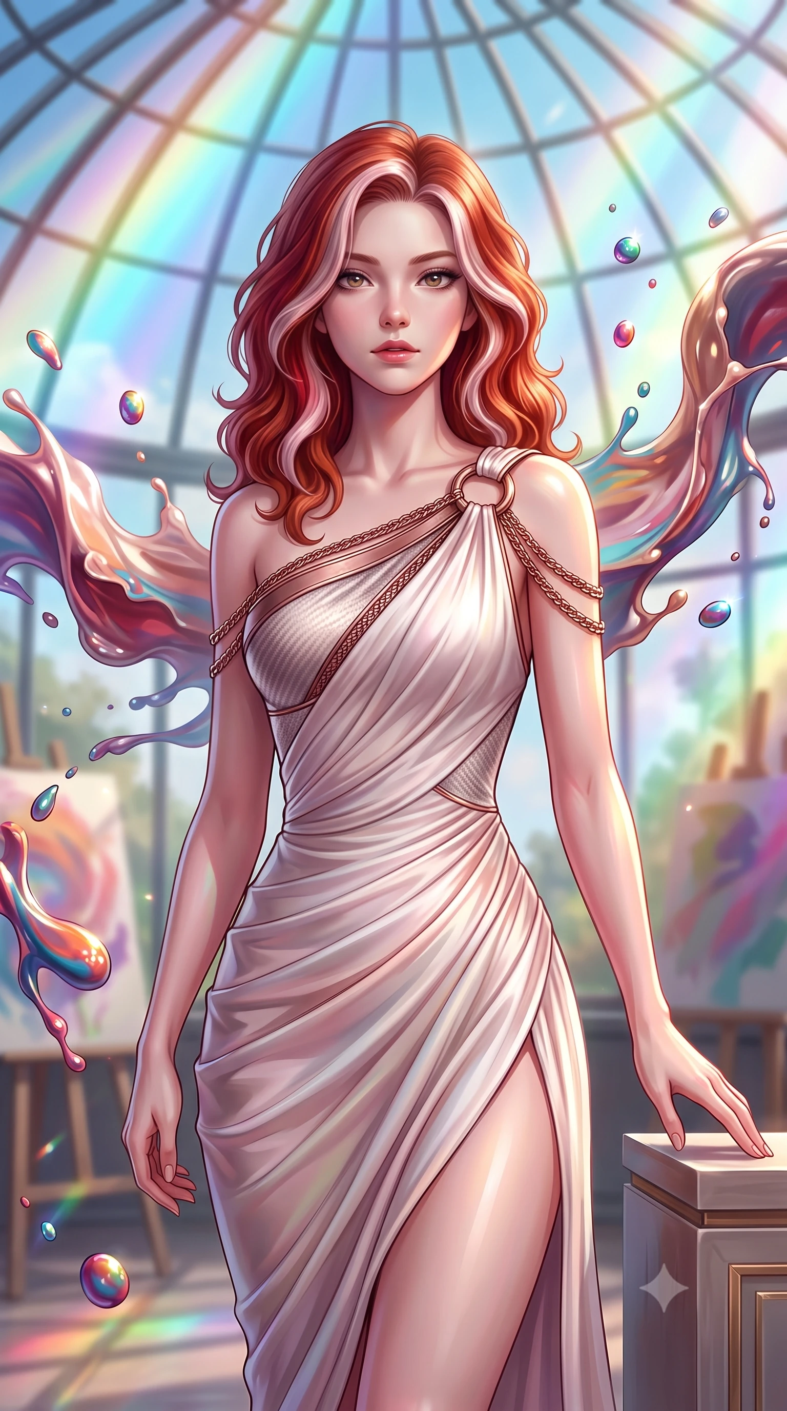 score_9, masterpiece, best quality, ultra-detailed, high-budget anime keyframe, editorial fashion photography, tasteful artistic composition, Caucasian woman. close-up cowboy shot from the waist and thighs up, the character dominates the composition, filling the frame with her large presence, background elements kept in soft focus. Gazing past the camera with an air of effortless elegance and mysterious confidence standing inside a glass-domed art atelier filled with floating liquid paint swirls, vibrant paint droplets frozen in time casting specular highlights. She has an exceptionally elegant, slender, and willowy female figure with an ultra-slim waist, a gracefully sculpted slender torso, and a refined silhouette. sharp v-shaped jawline, high-bridge nose, intricate jewel-like eyes with depth, thick eyelashes, glossy lips with a natural sheen. wearing an asymmetrical Grecian draped chiffon gown with a metallic shoulder ring in pearl white and rose gold, made of fine carbon-fiber weave and soft matte leather, adorned with delicate metallic chain straps along the neckline, the tailored fabric tightly following every curve of her athletic build. illuminated by brilliant multi-color rainbow light refracting through glass. highly saturated vibrant anime colors, detailed shading with soft gradients, rich glossy textures, high-contrast stereoscopic depth, volumetric dynamic lighting, master piece, 9:16 ratio