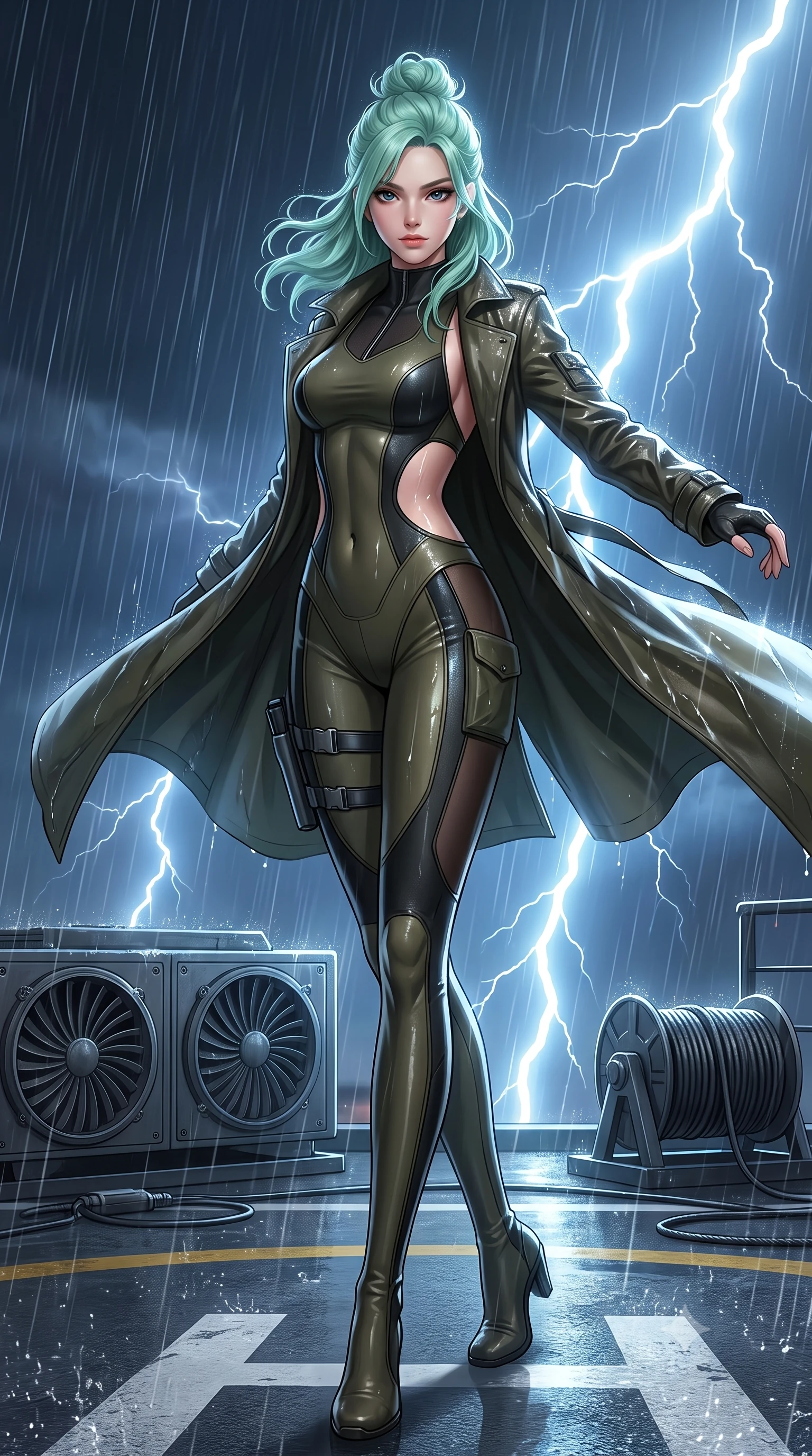 score_9, masterpiece, best quality, ultra-detailed, high-budget anime keyframe, semi-realistic 3D game render, editorial fashion photography, tasteful artistic composition, Japanese woman. low angle full-body shot from head to toe showing her feet, filling the entire 9:16 vertical frame with her statuesque presence, stretching her vertical silhouette. executing an elegant mid-motion spin with effortless grace, her garments fluttering softly around her ultra-slim waistline while infiltrating a torrential midnight rooftop helipad 80 stories high as lightning flashes illuminate her wet tactical trench coat. The surrounding environment is rendered in vivid detail and crisp panoramic clarity. detailed turbine exhaust grilles, grappling cable spool mechanisms, and lightning strikes in high clarity. She has an absolutely perfect, statuesque 8.5-heads proportion, an exceptionally tall and slender model-like female figure with impossibly long slender legs, a toned flat midriff, and an ultra-slim waist. sharp v-shaped jawline, high-bridge nose, intricate jewel-like eyes with depth, thick eyelashes, glossy lips with a natural sheen, captivating and magnetic expression, flawlessly proportioned anatomical accuracy, strict slender model proportions, natural body alignment, perfectly sculpted long slender limbs, ultra-slim waistline, clean dynamic posture without body distortion. wearing an undercover operative tailored backless evening catsuit with concealed gadget pockets in dark olive drab and tactical matte black, made of high-mobility liquid jersey and semi-opaque reinforced mesh, equipped with a minimalist titanium leg holster and smart holographic earpiece, the precision-cut daring openings accentuating her delicate midriff, graceful bare collarbones, and ultra-slim feminine waistline. illuminated by wet specular highlights tracing her sculpted flat midriff, waistline, and long legs. highly saturated vibrant anime colors, detailed shading with soft gradients, rich glossy textures, high-contrast stereoscopic depth, volumetric dynamic lighting, master piece, 9:16 ratio