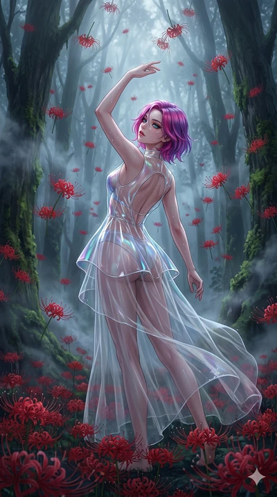 score_9, masterpiece, best quality, ultra-detailed, High-budget Anime Keyframe, East Asian woman. Low angle cowboy shot filling the entire 9:16 frame with her statuesque presence. Scenario 75: Dancing amidst falling red spider lilies in a misty dark 