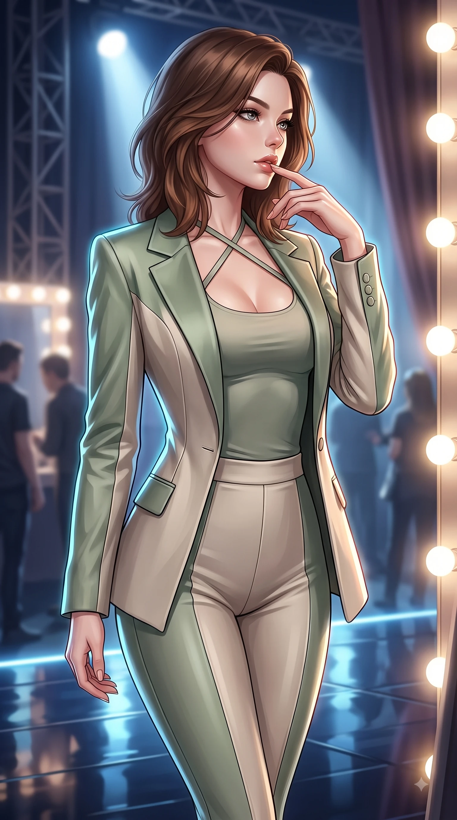 score_9, masterpiece, best quality, ultra-detailed, high-budget anime keyframe, editorial fashion photography, tasteful artistic composition, Korean woman. close-up cowboy shot from the waist and thighs up, the character dominates the composition, filling the frame with her large presence, background elements kept in soft focus. Resting two fingers near her glossy lips, casting a sharp mysterious side-gaze during her dynamic motion while resting near a glowing vanity mirror backstage as stage lights trace her contoured waist, shiny dark stage surface reflecting every concert light beam vividly. She has an exceptionally elegant, slender, and willowy female figure with an ultra-slim waist, a gracefully sculpted slender torso, and a refined silhouette. sharp v-shaped jawline, high-bridge nose, intricate jewel-like eyes with depth, thick eyelashes, glossy lips with a natural sheen, flawlessly proportioned anatomical accuracy, natural body alignment, perfectly sculpted elegant limbs, clean dynamic posture without body distortion. wearing a tailored silk blazer over a form-contouring scoop-neck top and slacks in sage green and oatmeal, formed from sleek second-skin neoprene, complemented by criss-cross back straps highlighting her bare shoulders, the glove-like fit emphasizing her statuesque silhouette during motion. bathed in intense volumetric stage spotlights and vivid neon rim lights. ultra-reflective glossy finish, specular highlights, metallic sheen, high-contrast stereoscopic depth, volumetric dynamic lighting, 2k, ultra detail, master piece, 9:16 ratio