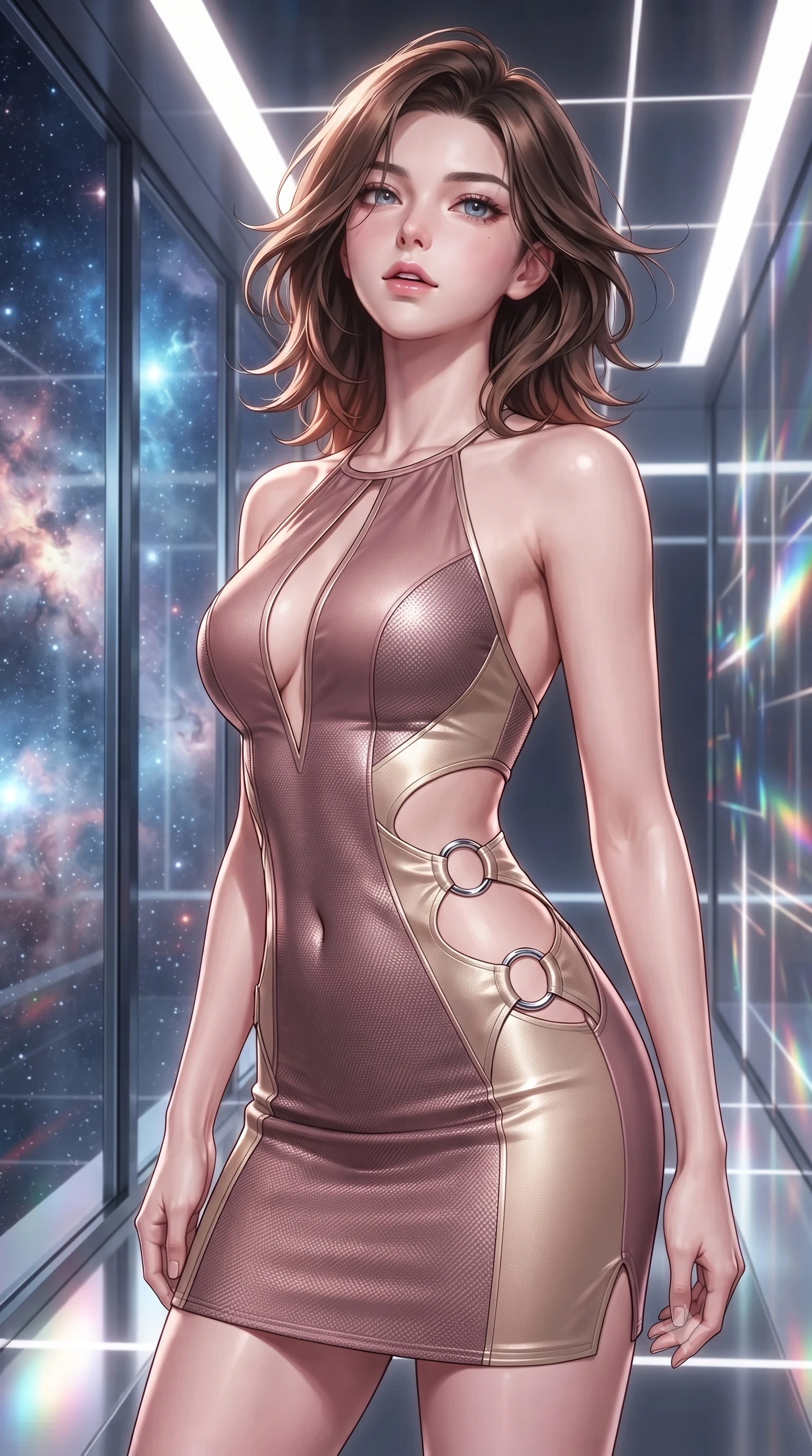 score_9, masterpiece, best quality, ultra-detailed, high-budget anime keyframe, editorial fashion photography, tasteful artistic composition, Korean woman. close-up cowboy shot from the waist and thighs up, the character dominates the composition, filling the frame with her large presence, background elements kept in soft focus. Tilting her chin up slightly with lips parted in a magnetic, composed expression navigating a corridor of shifting laser light grids and mirror walls, starlight and cosmic nebula clouds glowing through the floor-to-ceiling glass. She has an exceptionally elegant, slender, and willowy female figure with an ultra-slim waist, a gracefully sculpted slender torso, and a refined silhouette. sharp v-shaped jawline, high-bridge nose, intricate jewel-like eyes with depth, thick eyelashes, glossy lips with a natural sheen. wearing a deep-scoop halter bodycon dress with hip cutouts connected by silver rings in dusty rose and champagne gold, made of fine carbon-fiber weave and soft matte leather, accented with a Tasteful chest slit framing her clavicle gracefully, the sleek second-skin texture accentuating her magnetic presence. lit by bright volumetric laser beams and soft specular highlights. ultra-reflective glossy finish, specular highlights, metallic sheen, high-contrast stereoscopic depth, volumetric dynamic lighting, 2k, ultra detail, master piece, 9:16 ratio