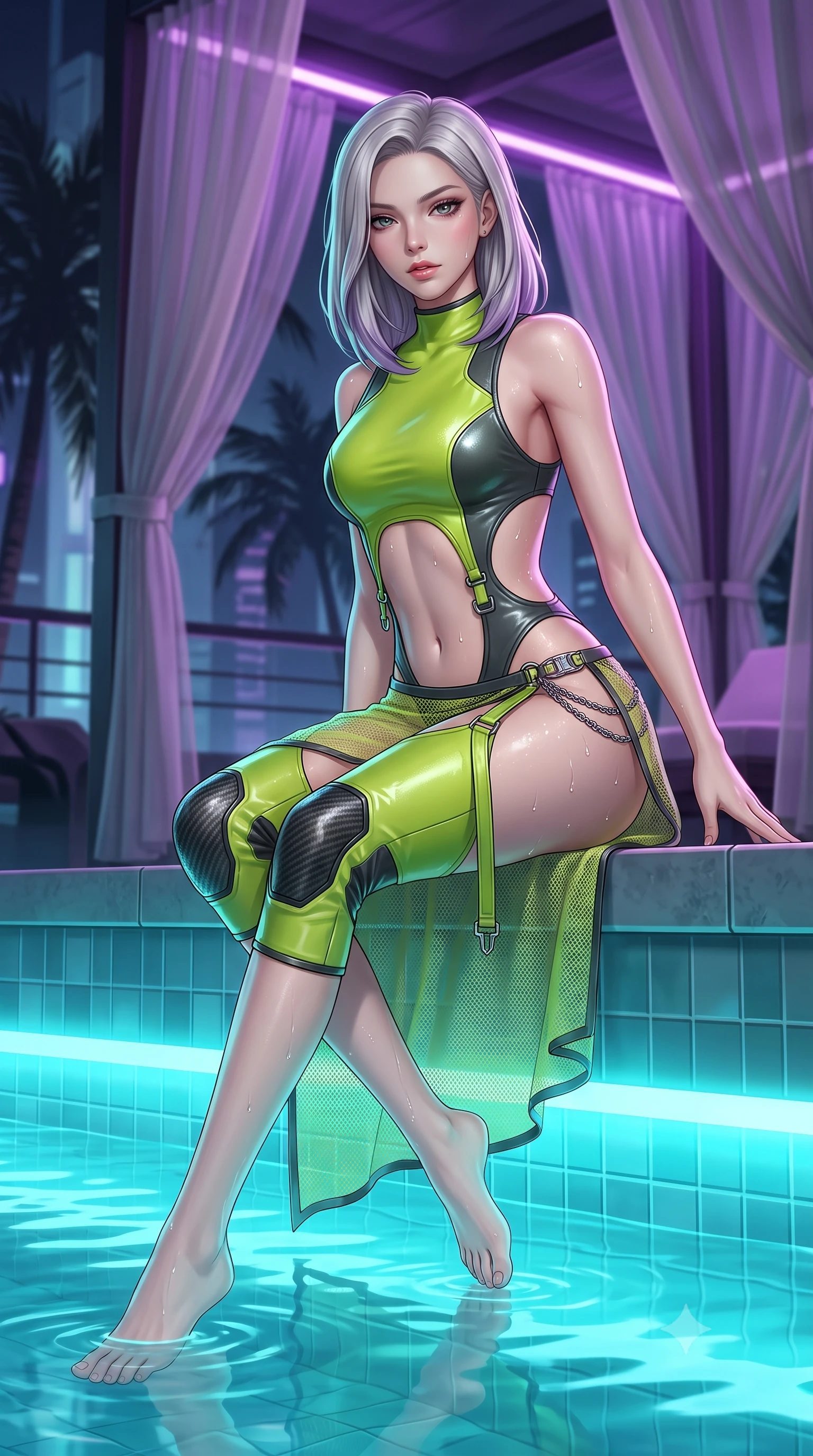 score_9, masterpiece, best quality, ultra-detailed, high-budget anime keyframe, semi-realistic 3D game render, editorial fashion photography, tasteful artistic composition, Caucasian woman. low angle full-body shot from head to toe showing her feet, filling the entire 9:16 vertical frame with her statuesque presence, stretching her vertical silhouette. sitting perched on the elevated ledge with hips angled toward the camera and legs crossed, displaying her toned midriff and flawlessly sculpted slender limbs while pulling herself lightly out of the pool onto the tiled ledge, water droplets glistening on her sculpted glutes and toned midriff. The composition keeps background elements in soft focus with creamy bokeh. sheer cabana drapes and tropical palm silhouettes softened in moody shallow focus. She has an absolutely perfect, statuesque 8.5-heads proportion, an exceptionally tall and slender model-like female figure with impossibly long slender legs, a toned flat midriff, an ultra-slim waist, and beautifully sculpted feminine hips. sharp v-shaped jawline, high-bridge nose, intricate jewel-like eyes with depth, thick eyelashes, glossy parted lips with a natural sheen, intensely captivating and seductive bedroom-eyes expression, flawlessly proportioned anatomical accuracy, strict slender model proportions, natural body alignment, perfectly sculpted long slender limbs, ultra-slim waistline, clean dynamic posture without body distortion. wearing a cutout cyberpunk bodysuit paired with a sheer mesh beach sarong and metallic hip chain in acid lime green and dark carbon grey, tailored from supple second-skin lambskin leather with specular wet sheen, accented with hanging industrial clip straps and carbon fiber knee sliders, the precision-cut side openings and low-back scoop framing her graceful spine and the sensual sweep of her hips. bathed in glowing underwater cyan LED illumination and ambient violet neon cabana downlights. highly saturated vibrant anime colors, detailed shading with soft gradients, rich glossy textures, high-contrast stereoscopic depth, volumetric dynamic lighting, master piece, 9:16 ratio