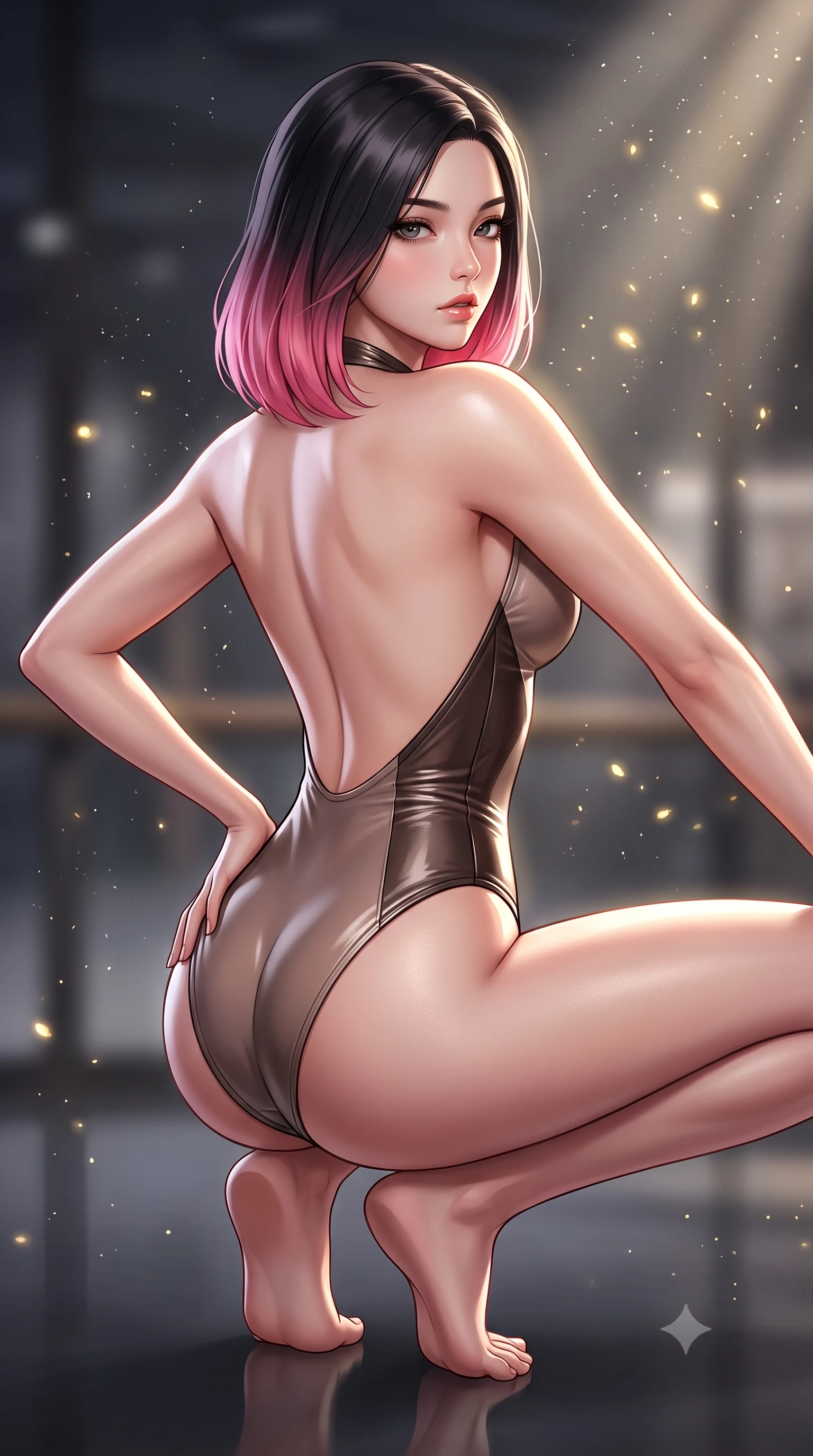 score_9, masterpiece, best quality, ultra-detailed, high-budget anime keyframe, semi-realistic 3D game render, editorial fashion photography, tasteful artistic composition, Korean woman. close-up cowboy shot from the waist and thighs up, the character dominates the composition, filling the frame with her large presence. posing in an alluring rear three-quarter angle, arching her lower back in a pronounced S-curve with one hand on her hip, glancing seductively over her bare shoulder with parted glossy lips while crouching in a low, balanced dancer plié on the reflective floor, her athletic feminine curves and toned hips creating a breathtaking line. The composition keeps background elements in soft focus with creamy bokeh. floating micro-chalk particles and spotlight beams scattering luminous golden light motes. She has an exceptionally elegant, slender, and willowy female figure with an ultra-slim waist, a gracefully sculpted slender torso, toned flat midriff, and rounded feminine hips creating an alluring hourglass silhouette. sharp v-shaped jawline, high-bridge nose, intricate jewel-like eyes with depth, thick eyelashes, glossy parted lips with a natural sheen, intensely captivating and seductive bedroom-eyes expression, flawlessly proportioned anatomical accuracy, strict slender model proportions, natural body alignment, perfectly sculpted long slender limbs, ultra-slim waistline, clean dynamic posture without body distortion. wearing a form-contouring halter dance leotard with an open scooped back and high-cut leg openings in mocha taupe and dark espresso, crafted from second-skin aerodynamic stretch vinyl with specular sheen, finished with high-cut leg elastic bands defining her long leg lines, the dramatically scooped open back descending to the base of her spine, accentuating her razor-sharp statuesque lines and curvy hourglass silhouette. illuminated by crisp specular rim lights accentuating her narrow waist, curved hips, and long legs. highly saturated vibrant anime colors, detailed shading with soft gradients, rich glossy textures, high-contrast stereoscopic depth, volumetric dynamic lighting, master piece, 9:16 ratio
