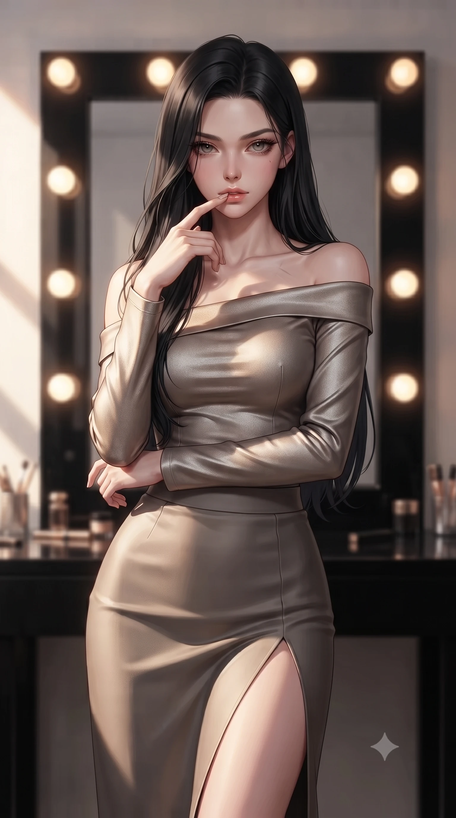 score_9, masterpiece, best quality, ultra-detailed, high-budget anime keyframe, editorial fashion photography, tasteful artistic composition, Korean woman woman. close-up cowboy shot from the waist and thighs up, the character dominates the composition, filling the frame with her large presence, background elements kept in soft focus. pressing one finger to her bottom lip in a thoughtful, seductive gesture under the warm sun the background shows a soft-focus a private dressing room with a large vanity mirror of black glass and warm lightbulbs. She has an exceptionally elegant, slender, and willowy female figure with an ultra-slim waist, a gracefully sculpted slender torso, and a refined silhouette. sharp v-shaped jawline, high-bridge nose, intricate jewel-like eyes with depth, thick eyelashes, glossy lips with a natural sheen. wearing a tailored asymmetric off-shoulder top paired with a high-slit midi skirt, revealing a glimpse of her clavicle lines. bright vanity spotlights casting detailed front lighting with soft back shadow. ultra-reflective glossy finish, specular highlights, metallic sheen, high-contrast stereoscopic depth, volumetric dynamic lighting, 2k, ultra detail, master piece, 9:16 ratio