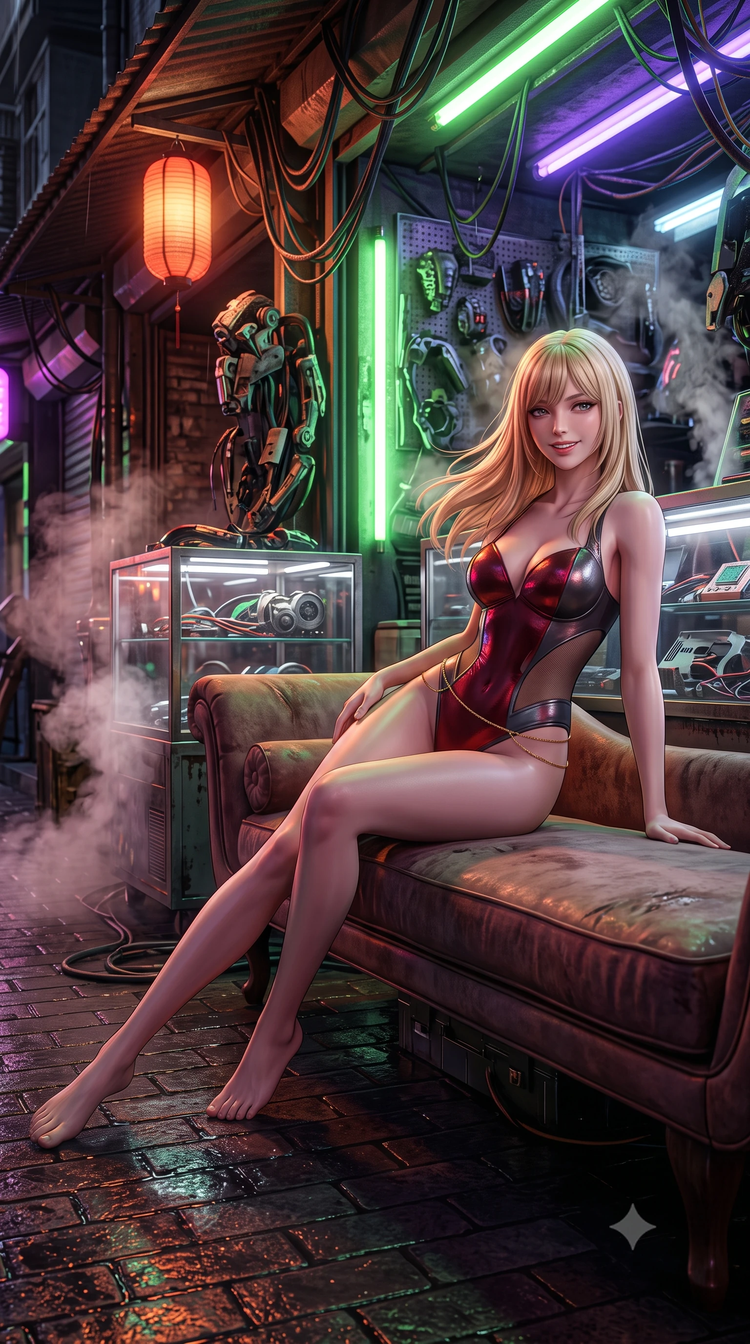 score_9, masterpiece, best quality, ultra-detailed, high-budget anime keyframe, semi-realistic 3D game render, editorial fashion photography, tasteful artistic composition, Japanese woman. low angle full-body shot from head to toe showing her feet, filling the entire 9:16 vertical frame with her statuesque presence, stretching her vertical silhouette. reclining gracefully across the plush chaise lounge with one leg extended, her sculpted silhouette and flat midriff radiating magnetic nocturnal glamour while leaning against the illuminated cyberware merchant stall with hips cocked back, looking through rising steam plumes with dangerous bedroom-eyes. The surrounding environment is rendered in vivid detail and crisp panoramic clarity: sharp wet brick textures, glass display case reflections with micro-chip components, and weathered cyberpunk cables in deep focus. She has an exceptionally tall and slender model-like 8.5-heads proportion, an ultra-slim waist, a flat toned midriff, narrow delicate ribcage, and beautifully sculpted feminine hips creating a graceful, slim hourglass silhouette without any bulky heaviness, with impossibly long slender legs. sharp v-shaped jawline, high-bridge nose, intricate jewel-like sparkling eyes with depth, thick eyelashes, glossy parted lips with a natural peach sheen, bright cheerful beaming smile with an enchanting and coquettish sensual glint, exuding both youthful cute charm and seductive allure, flawlessly proportioned anatomical accuracy, strict slender model proportions, natural body alignment, perfectly sculpted long slender limbs, ultra-slim waistline, clean dynamic posture without body distortion. wearing an alluring plunging sweetheart tactical bodice with sheer mesh side-waist cutouts contouring her ribs in deep crimson hazard red and matte dark titanium, crafted from stretch micro-mesh with liquid foil coating that shimmers with every movement, accented with a dainty gold belly chain resting across her flat midriff and curving hips, the precision-cut side openings and low-back scoop framing her graceful spine and the sensual sweep of her slim, toned hips. bathed in warm 2200K crimson lantern light combined with vibrant green and ultraviolet market stall tube lights. highly saturated vibrant anime colors, detailed shading with soft gradients, rich glossy textures, high-contrast stereoscopic depth, volumetric dynamic lighting, master piece, 9:16 ratio