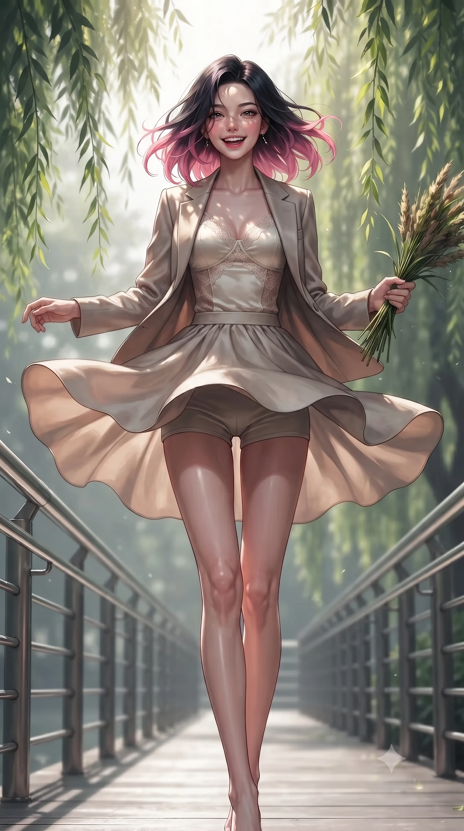 score_9, masterpiece, best quality, ultra-detailed, high-budget anime keyframe, editorial fashion photography, tasteful artistic composition, Korean woman. low angle full-body shot from head to toe showing her feet, filling the entire 9:16 vertical frame with her statuesque presence, stretching her vertical silhouette. twirling around with a playful, cute laugh, her skirt billowing beautifully in the air set against a soft-focus background of walking along a modern riverside boardwalk with metal railings holding a bunch of fresh river reeds with a happy, cute expression. She has an absolutely perfect, statuesque 8.5-heads proportion, an exceptionally tall and slender model-like female figure with impossibly long slender legs and an ultra-slim waist. sharp v-shaped jawline, high-bridge nose, intricate jewel-like eyes with depth, thick eyelashes, glossy lips with a natural sheen. wearing form-contouring delicate silk camisole with lace panels and a tailored blazer worn open over form-contouring shorts. dappled sunlight filtering through the weeping willow leaves onto her face. ultra-reflective glossy finish, specular highlights, metallic sheen, high-contrast stereoscopic depth, volumetric dynamic lighting, 2k, ultra detail, master piece, 9:16 ratio