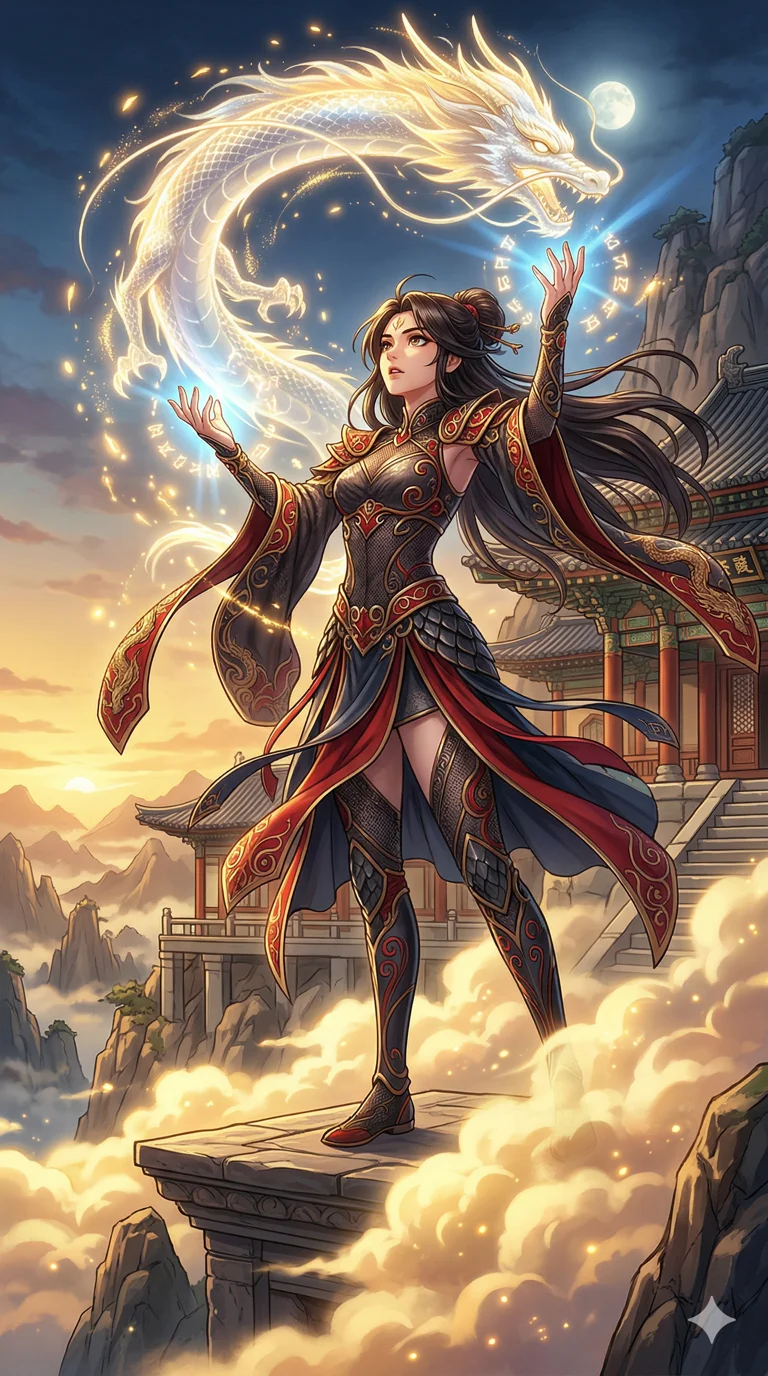 score_9, masterpiece, best quality, ultra-detailed, high-budget anime keyframe, an incredibly beautiful Korean woman. Dynamic low angle cowboy shot filling the entire 9:16 frame with her statuesque presence. She is a dragon priestess summoning a spirit. Her figure boasts an absolutely perfect 8-heads proportion, an exceptionally tall and slender build emphasizing a delicate skinny aesthetic. Her face is a highly detailed masterpiece featuring a sharp v-shaped jawline, high-bridge nose, intricate jewel-like eyes, thick eyelashes, and glossy lips. She is wearing a sensual fishnet and silk combination inspired by ancient armor. A mountaintop temple engulfed in swirling golden clouds, radiant glowing light., 2k, ultra detail, master piece, 9:16 ratio