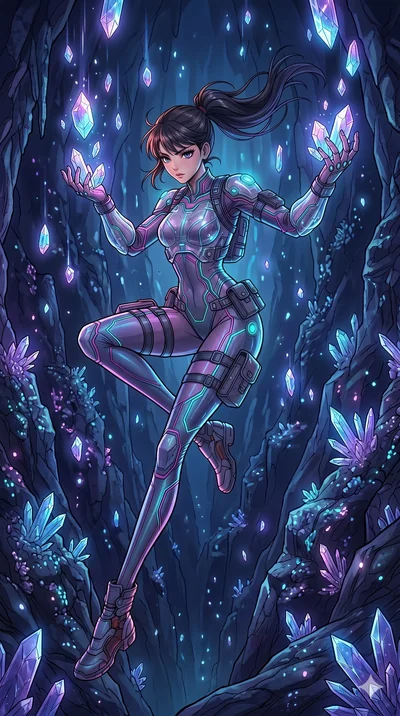 score_9, masterpiece, best quality, ultra-detailed, high-budget anime movie keyframe, cinematic anime lighting, intricate line art, Korean woman. Extreme high angle shot as she leaps towards the camera, filling the frame. twisting in mid-air while ca