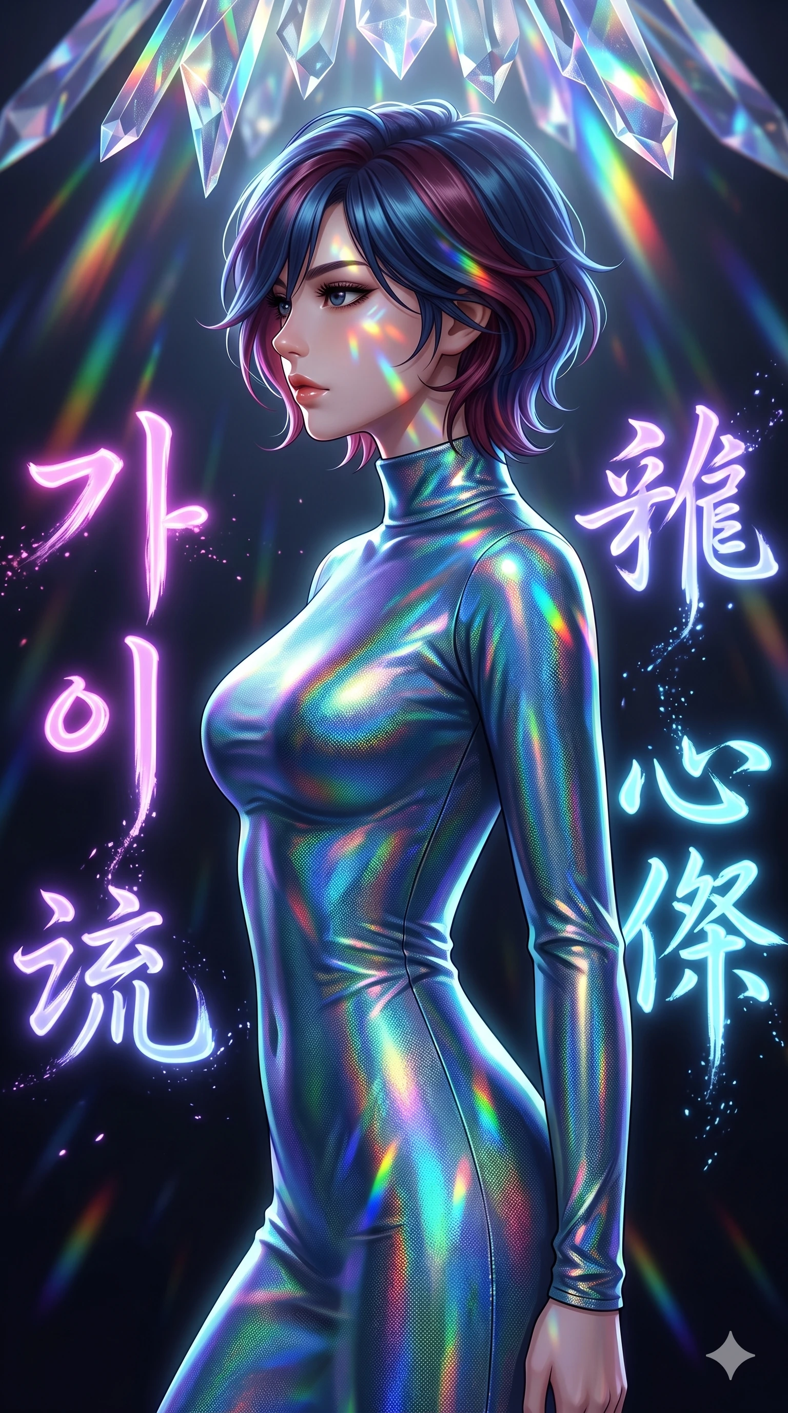 score_9, masterpiece, best quality, ultra-detailed, high-budget anime keyframe, editorial fashion photography, tasteful artistic composition, Korean woman. close-up cowboy shot from the waist and thighs up, the character dominates the composition, filling the frame with her large presence, background elements kept in soft focus. Turning her face in sharp dramatic profile against the light. set against a soft-focus background of a vast dark space where massive neon-lit brushstrokes of East Asian calligraphy characters float and pulse with energy each stroke trailing luminous ink particles that dissolve into the void. She has an exceptionally elegant and slender, willowy female figure with an ultra-slim waist, a gracefully sculpted slender torso, and a refined slim physique. sharp v-shaped jawline, high-bridge nose, intricate jewel-like eyes with depth, thick eyelashes, glossy lips with a natural sheen. wearing a sleek form-fitting mock-turtleneck gown in a shifting peacock-blue holographic fabric, hugging her slender figure from neck to ankle. cascading rainbow prismatic light refracting through crystal formations overhead. 2k, ultra detail, master piece, 9:16 ratio