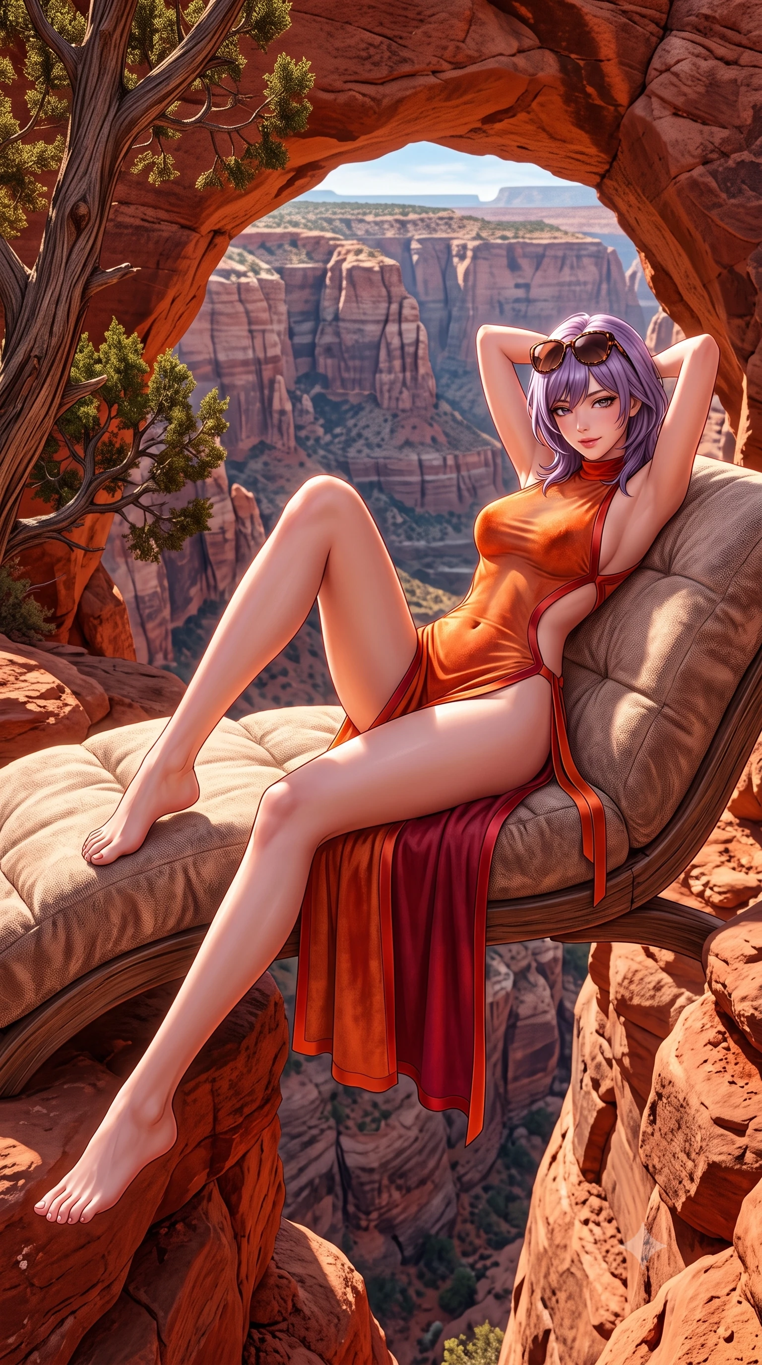 score_9, masterpiece, best quality, ultra-detailed, high-budget anime keyframe, semi-realistic 3D game render, editorial fashion photography, tasteful artistic composition, Japanese woman. low angle full-body shot from head to toe showing her feet, filling the entire 9:16 vertical frame with her statuesque presence, stretching her vertical silhouette. reclining gracefully across the plush chaise lounge with one leg extended, her sculpted silhouette and flat midriff radiating magnetic nocturnal glamour while framed within the dramatic red sandstone natural arch high above the canyon, arching her back with breathtaking goddess grace. The surrounding environment is rendered in vivid detail and crisp panoramic clarity: sharp red sandstone rock grain, juniper tree bark, and canyon cliff relief in deep focus. She has an absolutely perfect, statuesque 8.5-heads proportion, an exceptionally tall and slender model-like female figure with impossibly long slender legs, an ultra-slim waist, a flat toned midriff, narrow delicate ribcage, and beautifully sculpted feminine hips creating a graceful, slim hourglass silhouette without any bulky heaviness. sharp v-shaped jawline, high-bridge nose, sparkling eyes with hypnotic seductive depth, thick curled eyelashes, glossy parted lips with a natural dewy peach sheen, alluring bedroom-eyes with an enchanting coquettish smile, exuding magnetic siren charisma and sophisticated glamour, flawlessly proportioned anatomical accuracy, strict slender model proportions, natural body alignment, perfectly sculpted long slender limbs, ultra-slim waistline, clean dynamic posture without body distortion. wearing a provocative high-neck sheer illusion beach coverup with liquid satin ribbons contouring her curves in blazing desert sunset orange and deep canyon crimson, tailored from ultra-soft distressed suede with velvety hand-feel and rich shadow depth, complemented by oversized designer tortoiseshell sunglasses resting atop her head, the precision-cut side openings and low-back scoop framing her graceful spine and the sensual sweep of her slim, toned hips. illuminated by sandstone reflection fill and sharp warm-amber rim lights sculpting her jawline, narrow waist, and voluptuous hip curves. highly saturated vibrant anime colors, detailed shading with soft gradients, rich glossy textures, high-contrast stereoscopic depth, volumetric dynamic lighting, master piece, 9:16 ratio